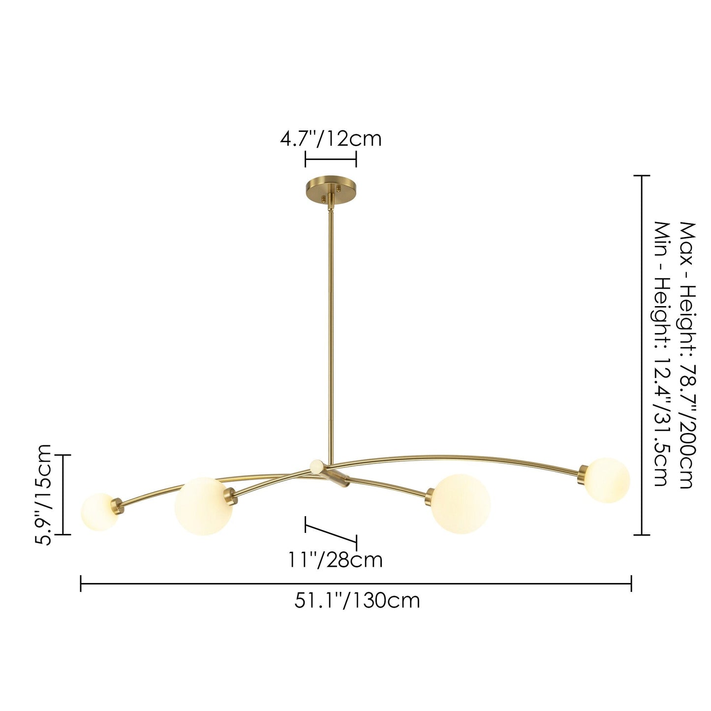 Suspension moderne linéaire à 4 lumières, style Sputnik, couleur or, pour îlot de cuisine/salle à manger - 130,5 cm L x 28 cm P x 15 cm H