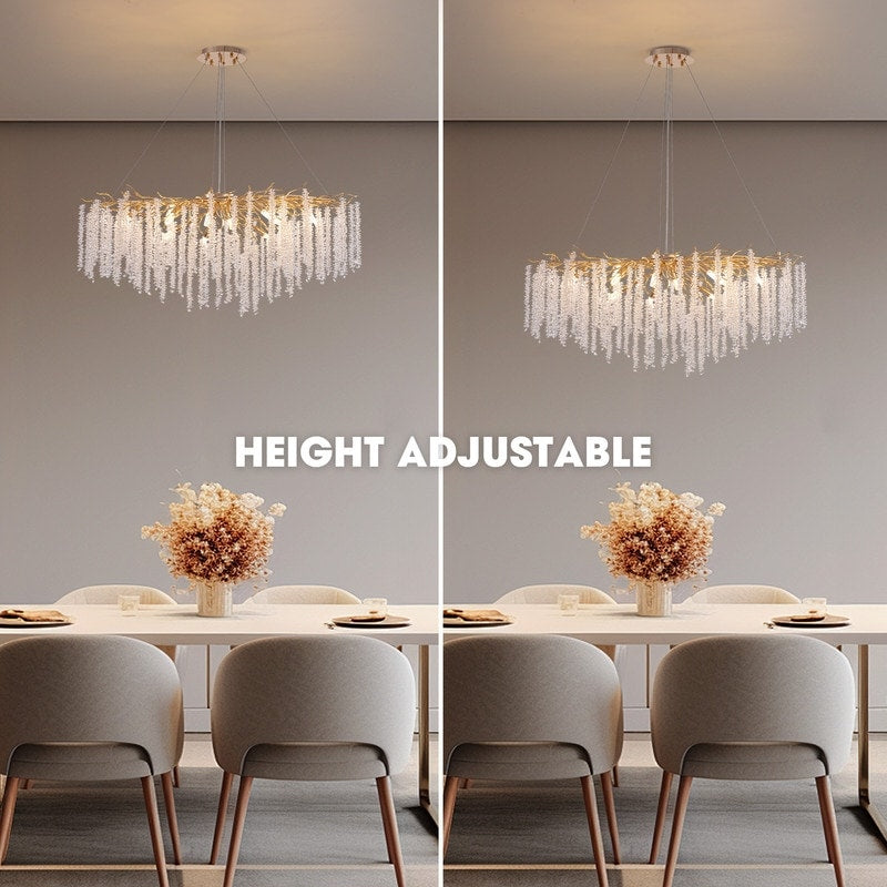Luminaire rectangulaire moderne en cristal doré, branches d'arbre, 40 po, pour salle à manger, îlot de cuisine, lustre à branches.
