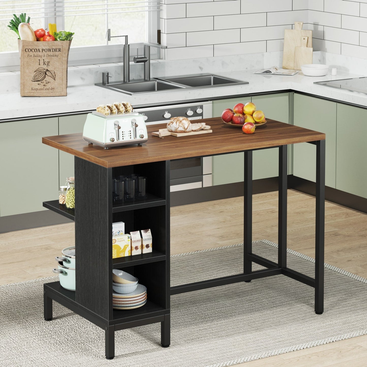Îlot de cuisine de 43 pouces de large, table de cuisine avec 5 étagères ouvertes.