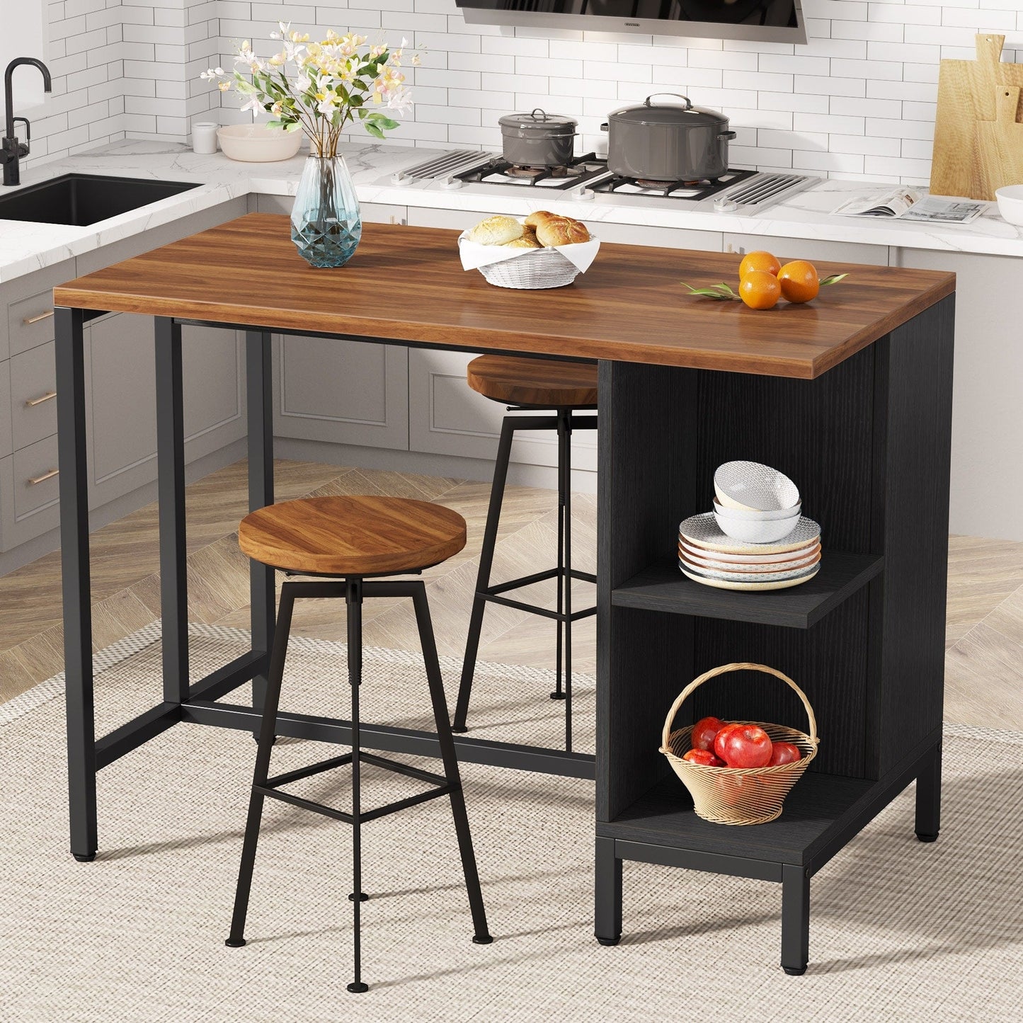 Îlot de cuisine de 43 pouces de large, table de cuisine avec 5 étagères ouvertes.