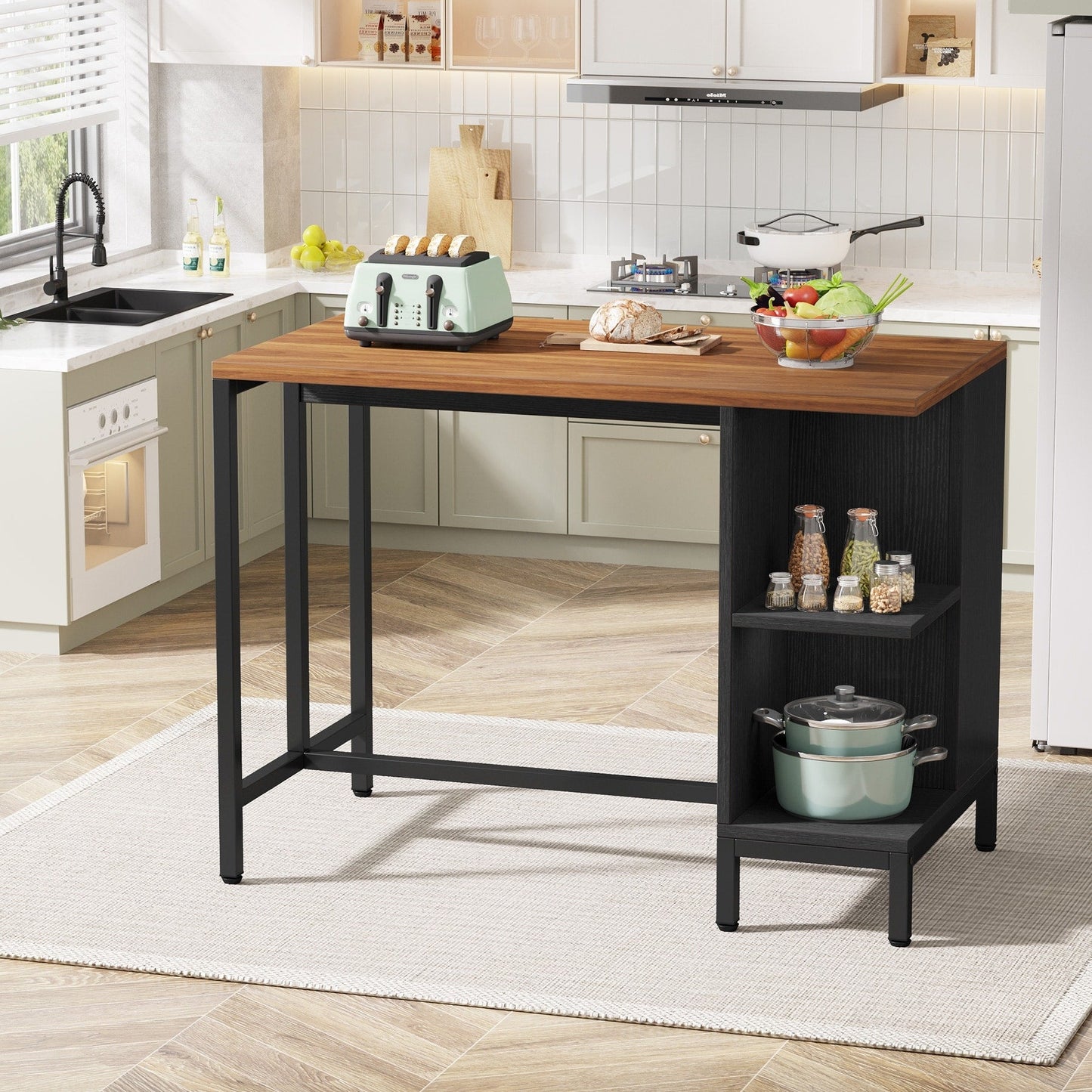 Îlot de cuisine de 43 pouces de large, table de cuisine avec 5 étagères ouvertes.