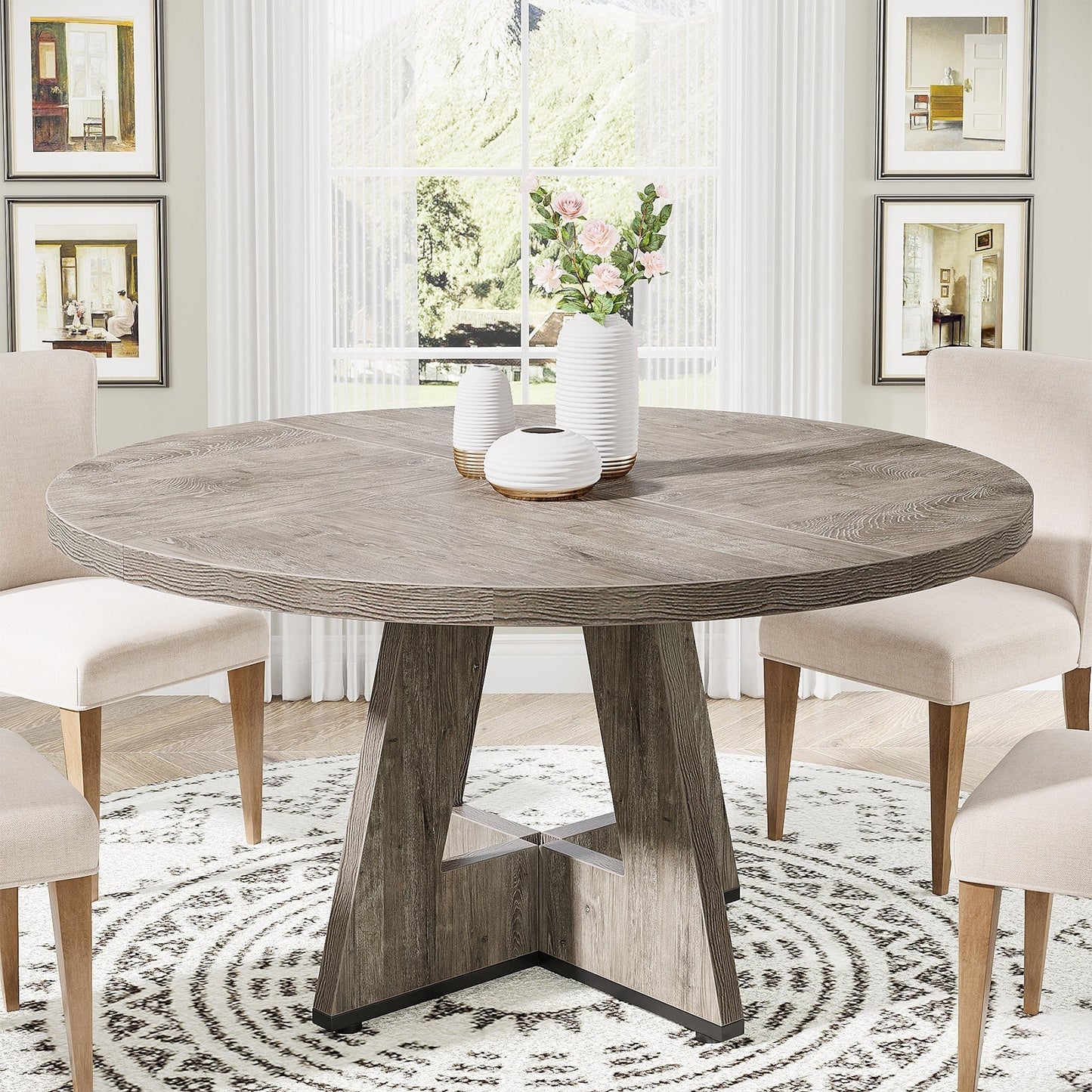 Table de salle à manger ronde de 47 pouces pour 4 personnes, table de cuisine de style farmhouse, petite table de repas en bois pour salle à manger et salon.