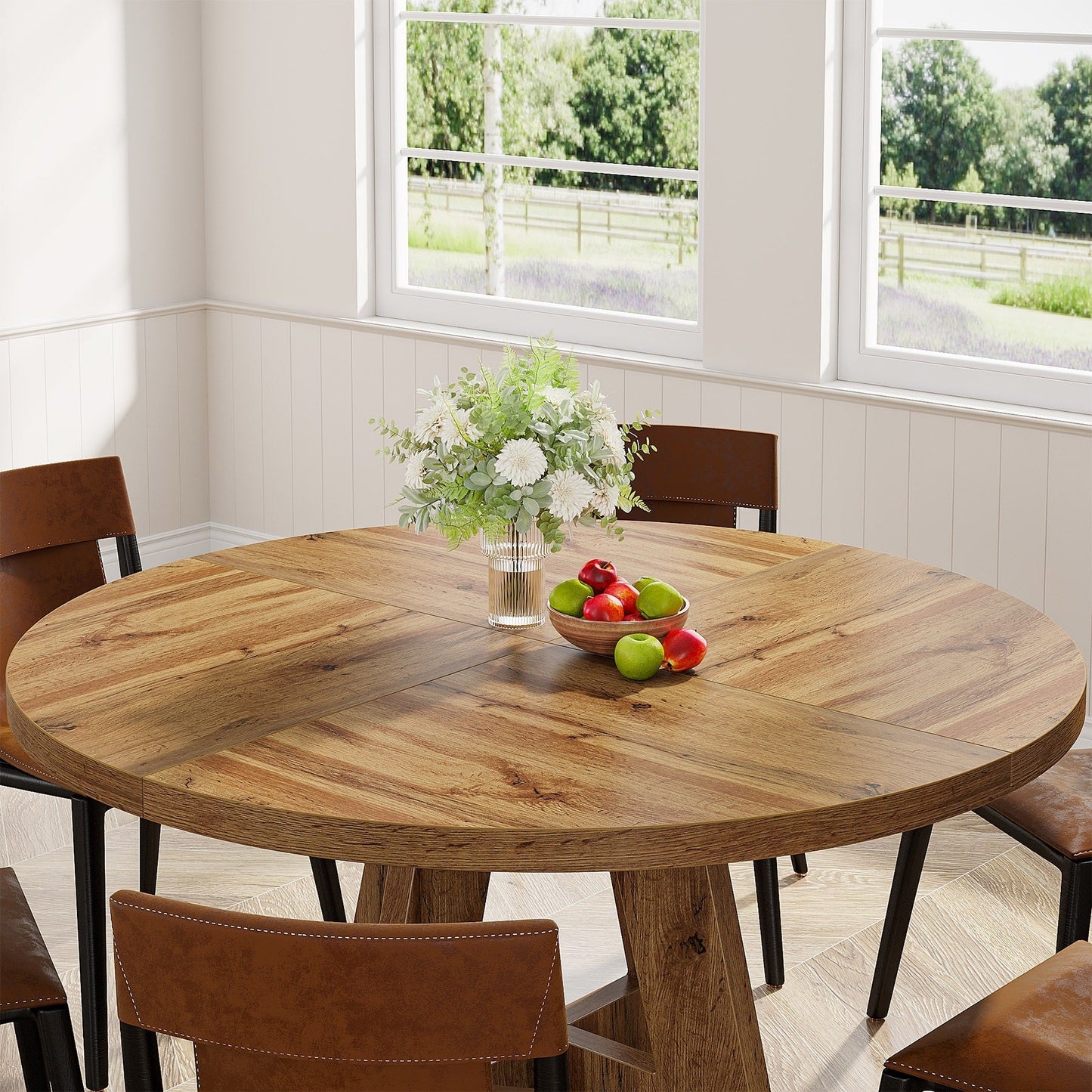 Table de salle à manger ronde de 47 pouces pour 4 personnes, table de cuisine de style farmhouse, petite table de repas en bois pour salle à manger et salon.