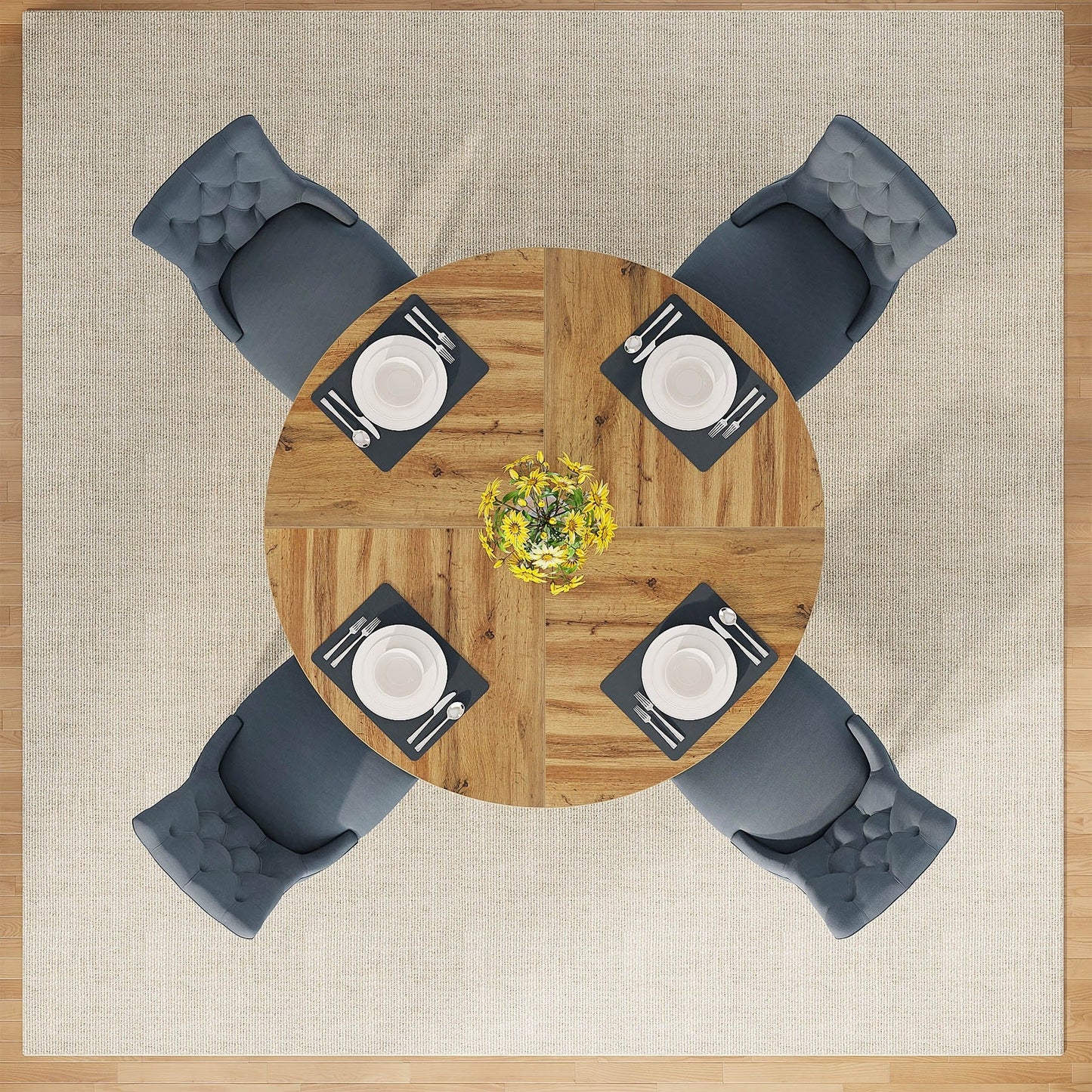 Table de salle à manger ronde de 47 pouces pour 4 personnes, table de cuisine de style farmhouse, petite table de repas en bois pour salle à manger et salon.