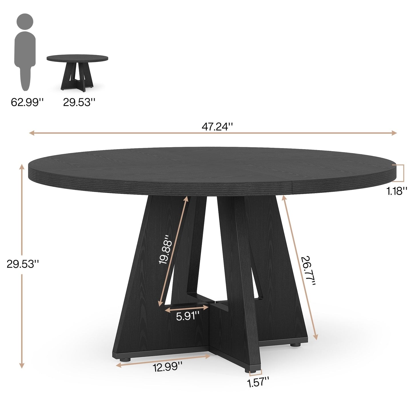 Table de salle à manger ronde de 47 pouces pour 4 personnes, table de cuisine de style farmhouse, petite table de repas en bois pour salle à manger et salon.