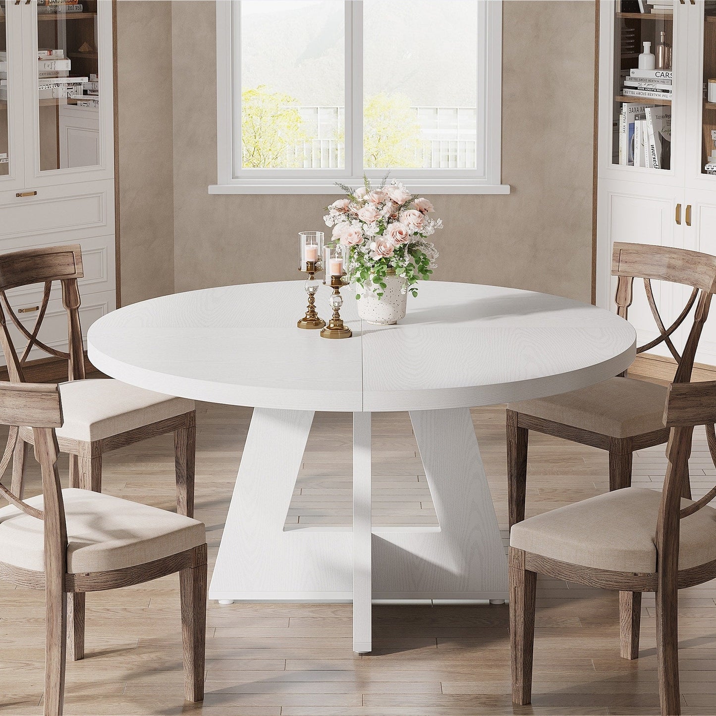 Table de salle à manger ronde de 47 pouces pour 4 personnes, table de cuisine de style farmhouse, petite table de repas en bois pour salle à manger et salon.