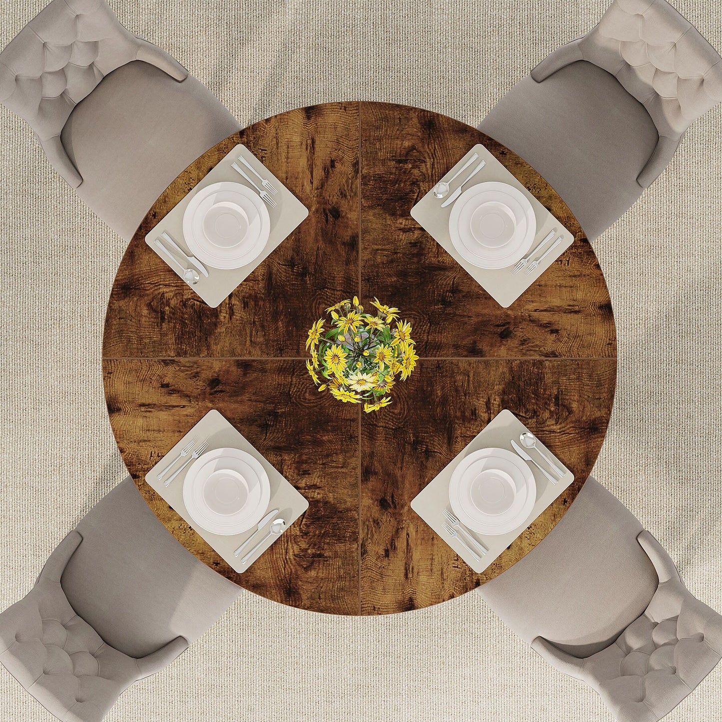 Table de salle à manger ronde de 47 pouces pour 4 personnes, table de cuisine de style farmhouse, petite table de repas en bois pour salle à manger et salon.