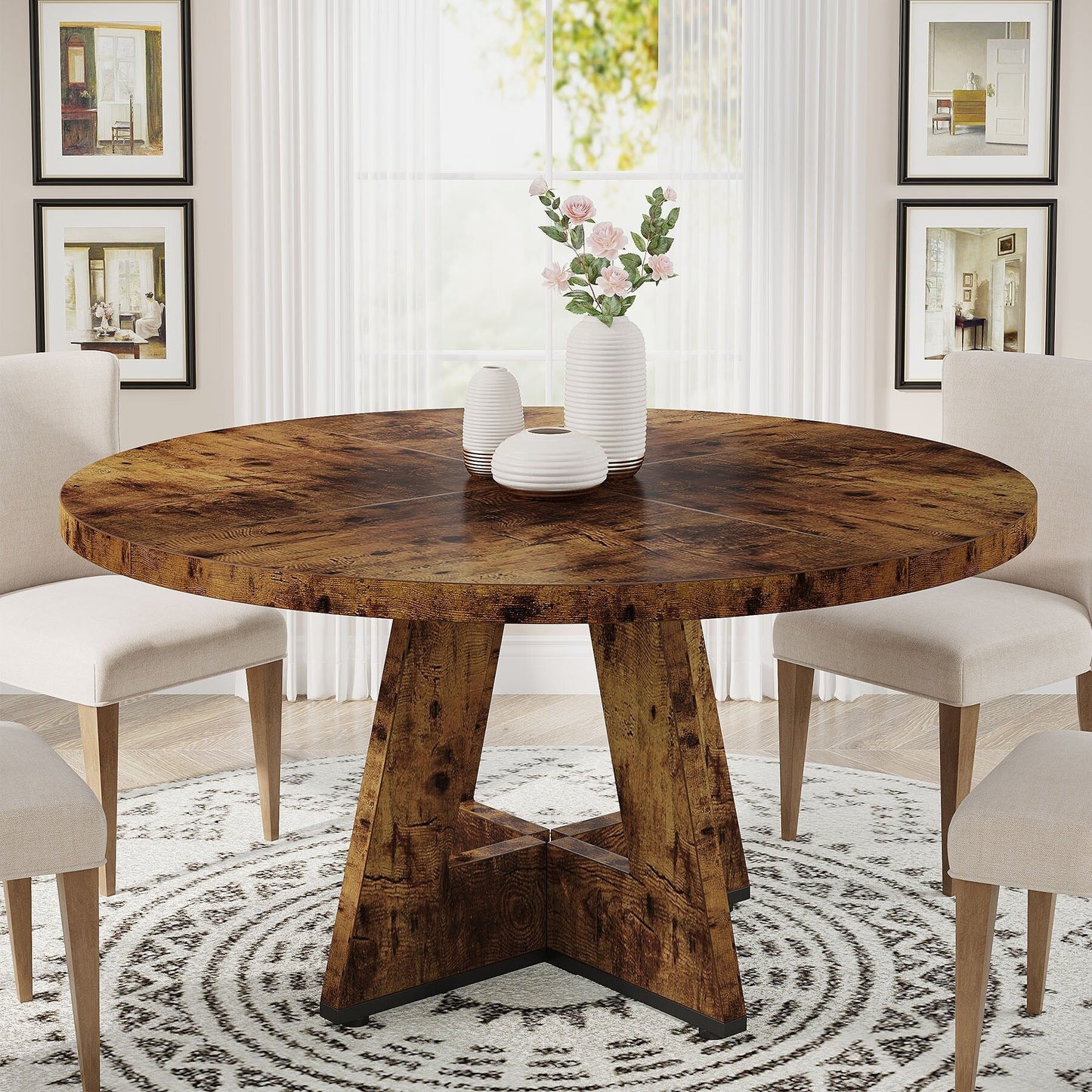 Table de salle à manger ronde de 47 pouces pour 4 personnes, table de cuisine de style farmhouse, petite table de repas en bois pour salle à manger et salon.