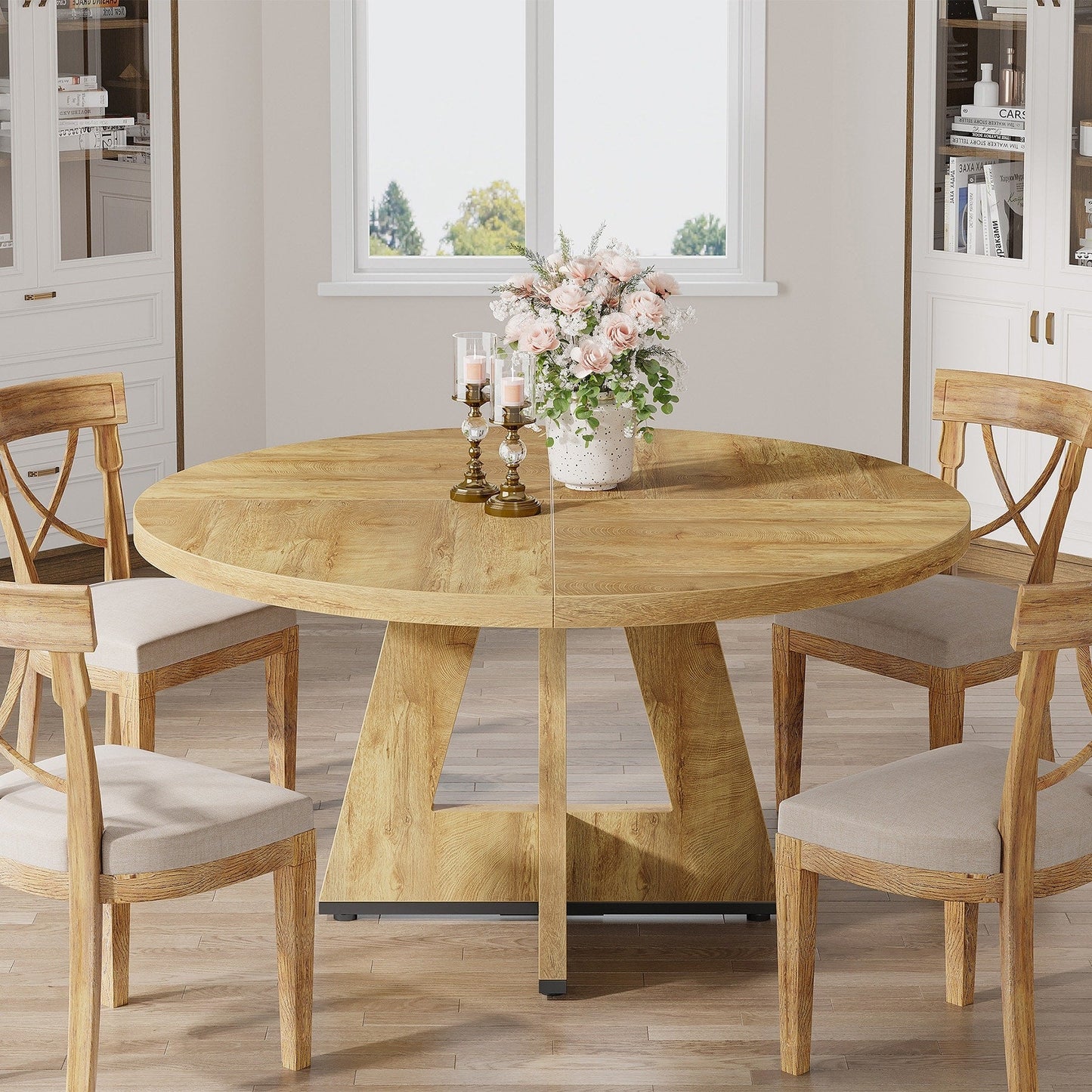 Table de salle à manger ronde de 47 pouces pour 4 personnes, table de cuisine de style farmhouse, petite table de repas en bois pour salle à manger et salon.