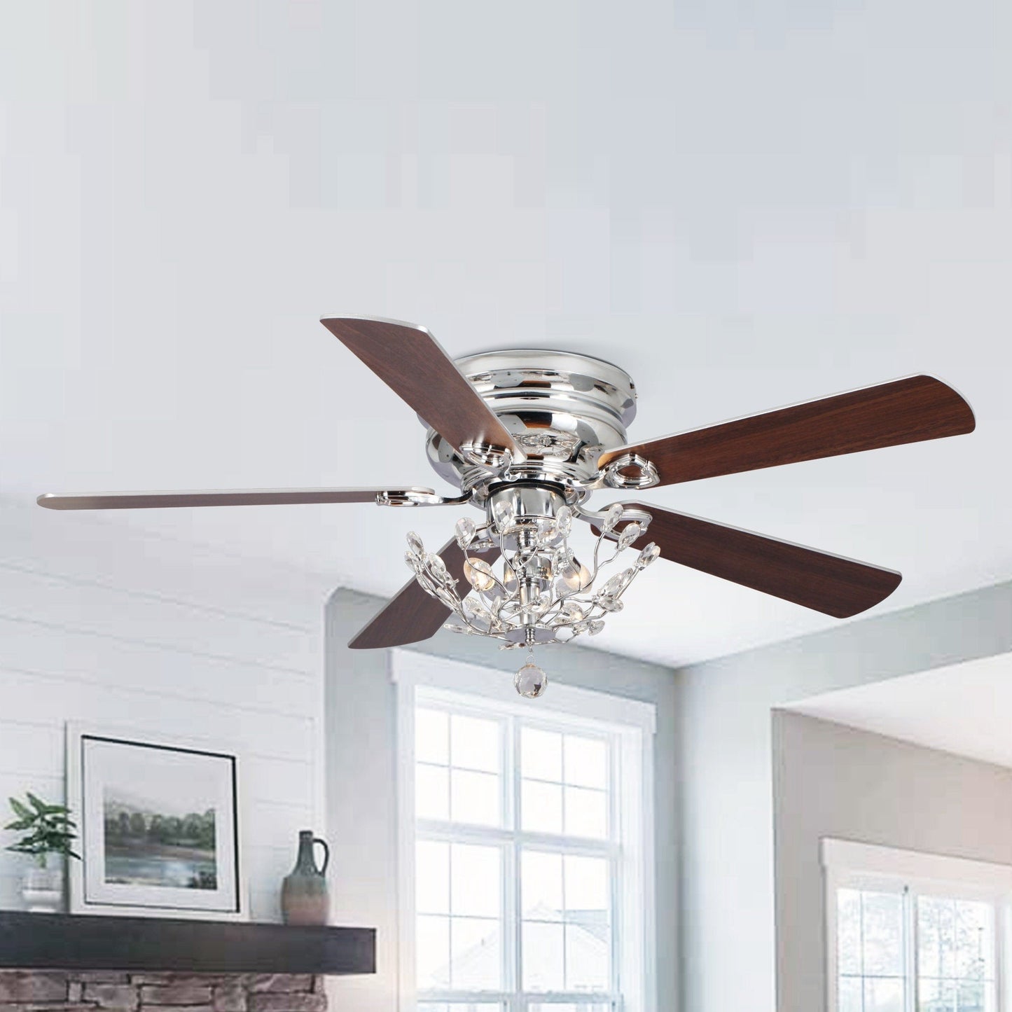 Ventilateur de plafond moderne à 5 pales réversibles de 48 pouces, avec fixation au plafond, en cristal et télécommande.