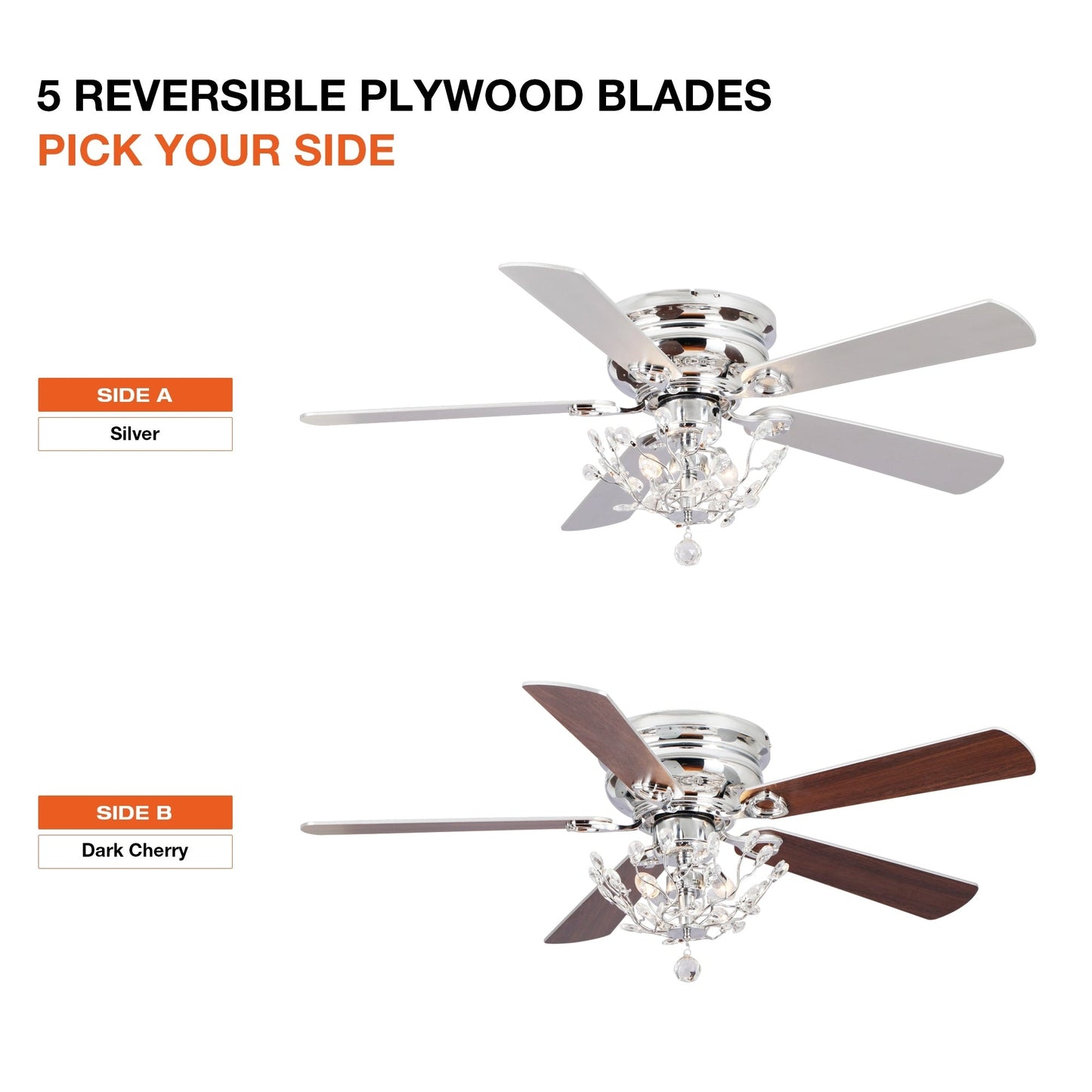 Ventilateur de plafond moderne à 5 pales réversibles de 48 pouces, avec fixation au plafond, en cristal et télécommande.
