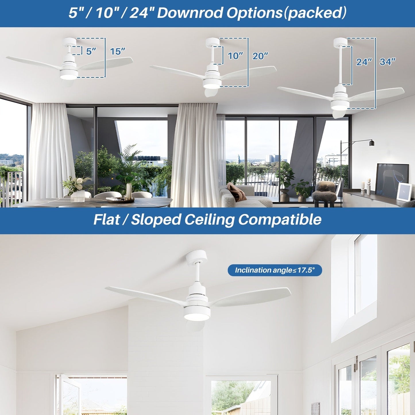 Ventilateur de plafond à LED intégré de 48 et 52 pouces avec éclairage et télécommande, moteur à courant continu réversible.