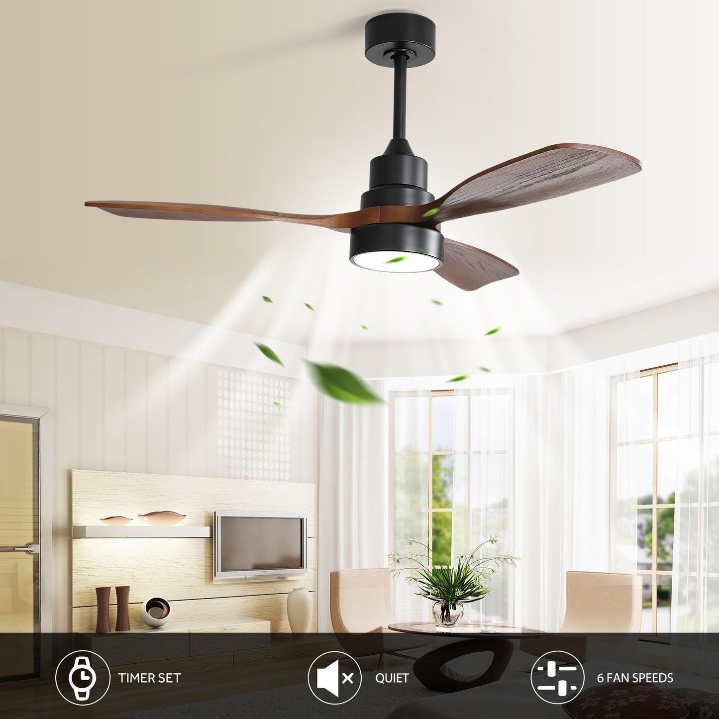 Ventilateur de plafond à LED intégré de 48 et 52 pouces avec éclairage et télécommande, moteur à courant continu réversible.