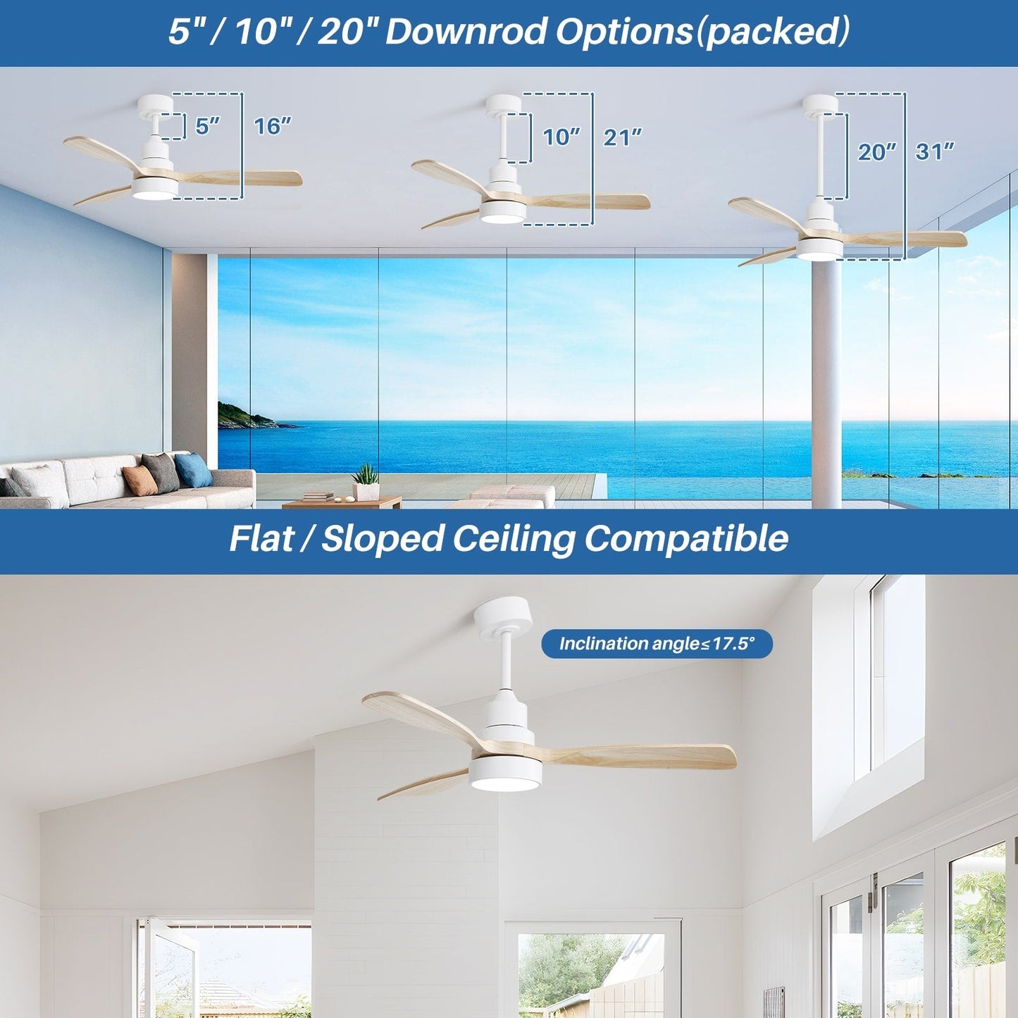 Ventilateur de plafond à LED intégré de 48 et 52 pouces avec éclairage et télécommande, moteur à courant continu réversible.