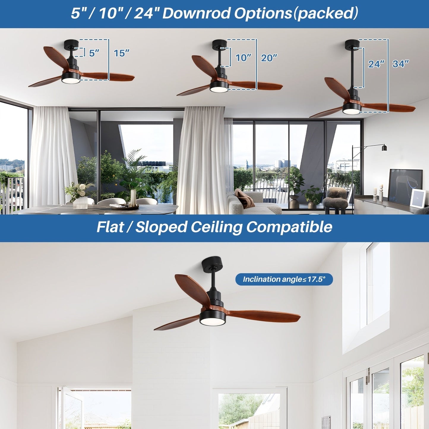 Ventilateur de plafond à LED intégré de 48 et 52 pouces avec éclairage et télécommande, moteur à courant continu réversible.