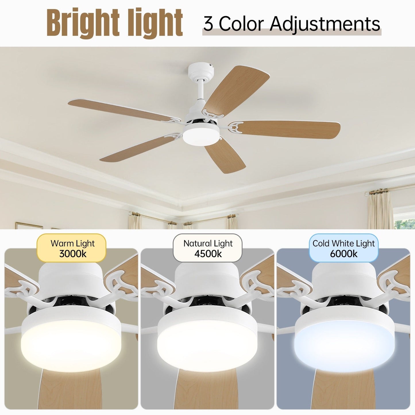 Ventilateur de plafond à LED intégré de 48 et 52 pouces avec éclairage et télécommande, moteur à courant continu réversible.