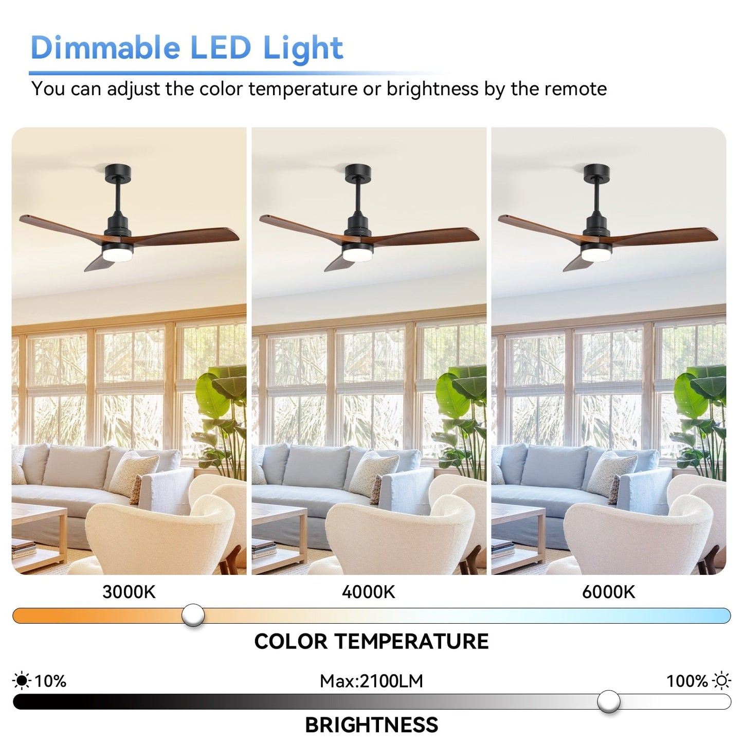 Ventilateur de plafond à LED intégré de 48 et 52 pouces avec éclairage et télécommande, moteur à courant continu réversible.