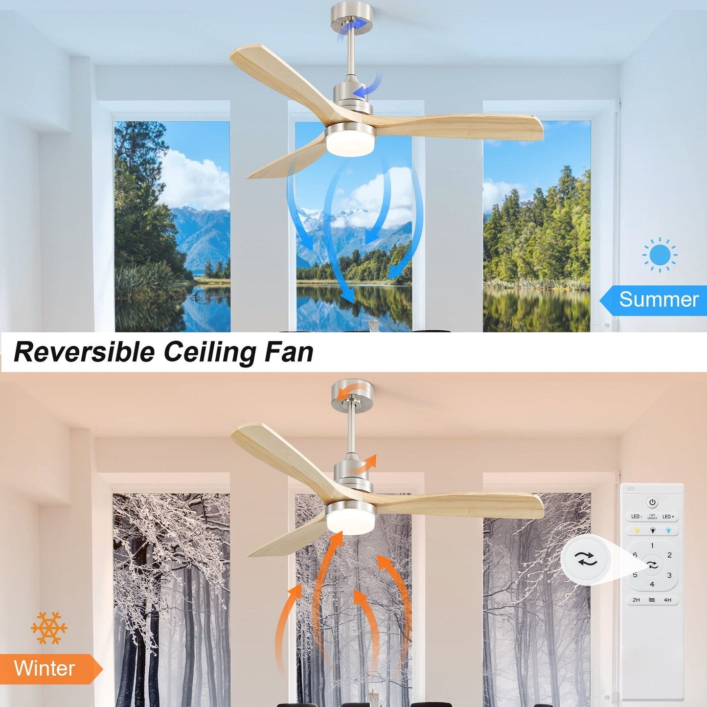Ventilateur de plafond à LED intégré de 48 et 52 pouces avec éclairage et télécommande, moteur à courant continu réversible.
