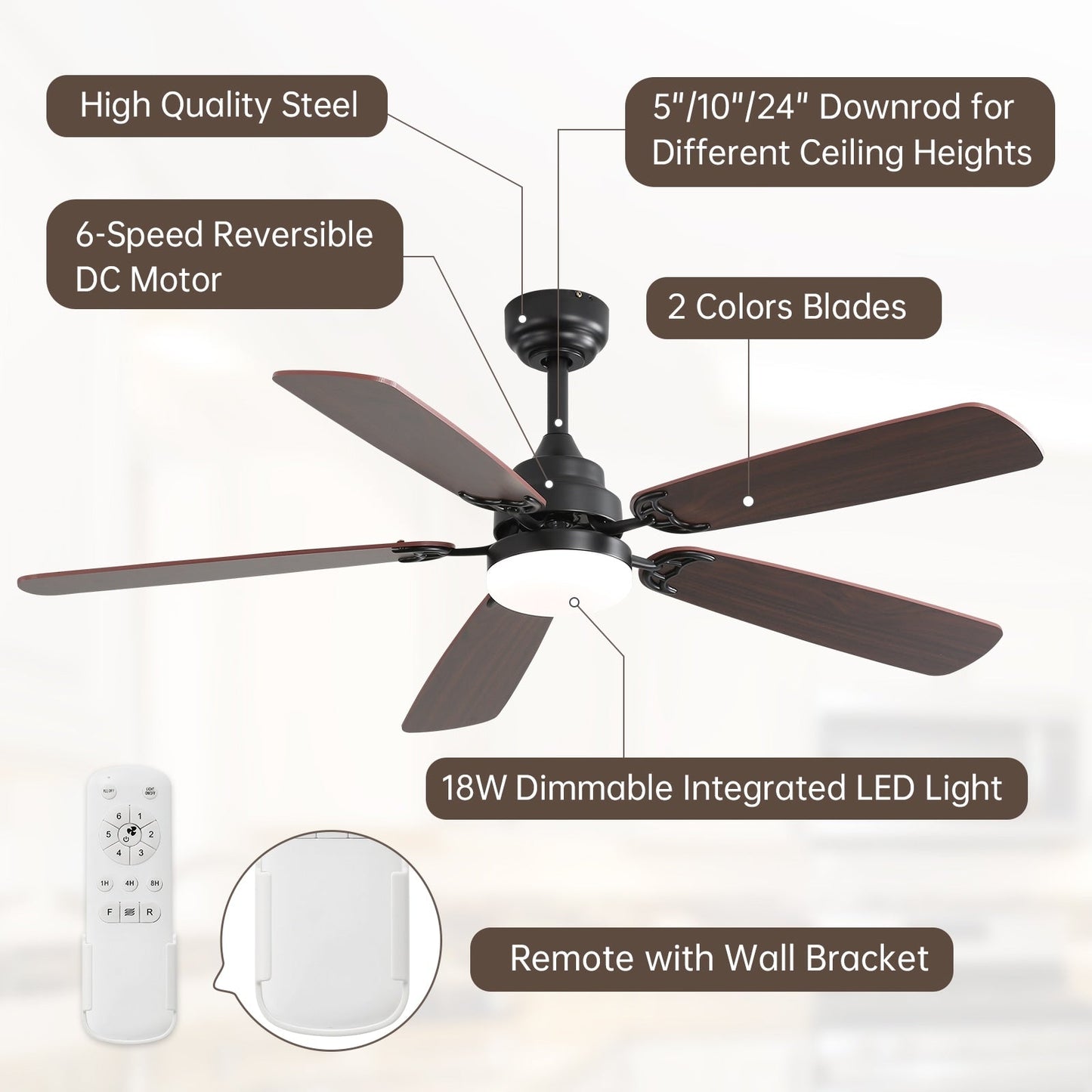 Ventilateur de plafond à LED intégré de 48 et 52 pouces avec éclairage et télécommande, moteur à courant continu réversible.