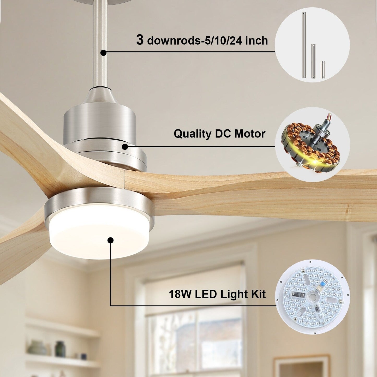 Ventilateur de plafond à LED intégré de 48 et 52 pouces avec éclairage et télécommande, moteur à courant continu réversible.