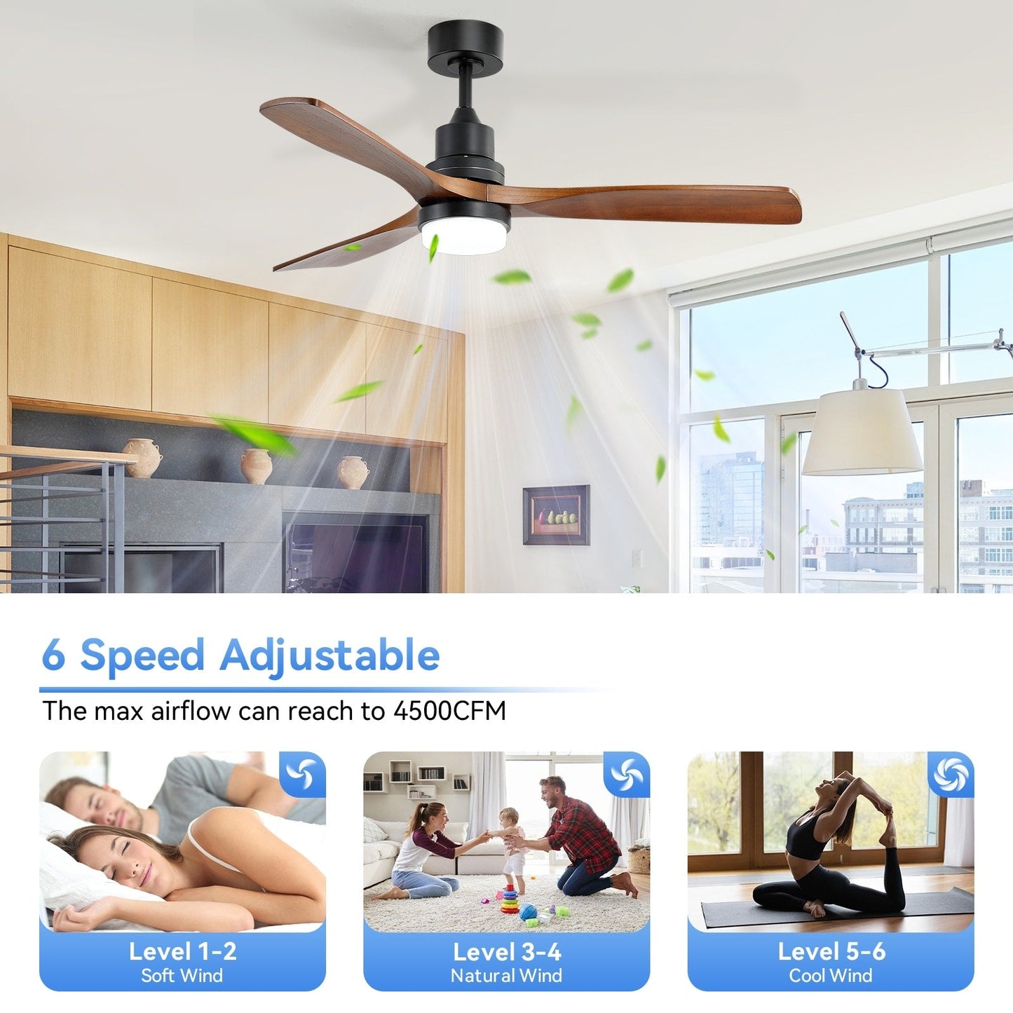 Ventilateur de plafond à LED intégré de 48 et 52 pouces avec éclairage et télécommande, moteur à courant continu réversible.