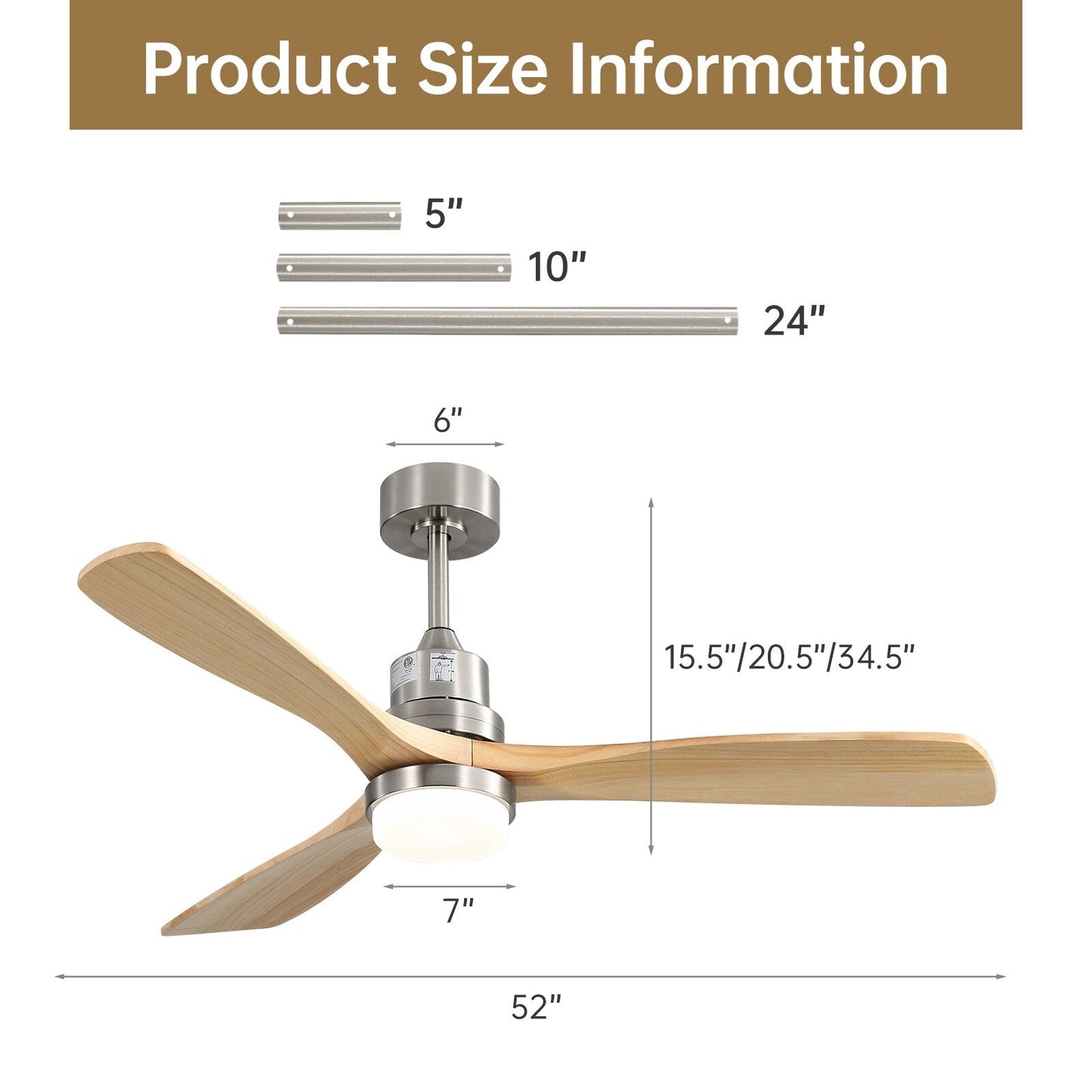 Ventilateur de plafond à LED intégré de 48 et 52 pouces avec éclairage et télécommande, moteur à courant continu réversible.