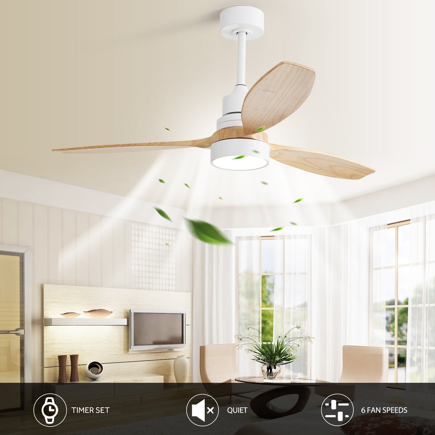 Ventilateur de plafond à LED intégré de 48 et 52 pouces avec éclairage et télécommande, moteur à courant continu réversible.