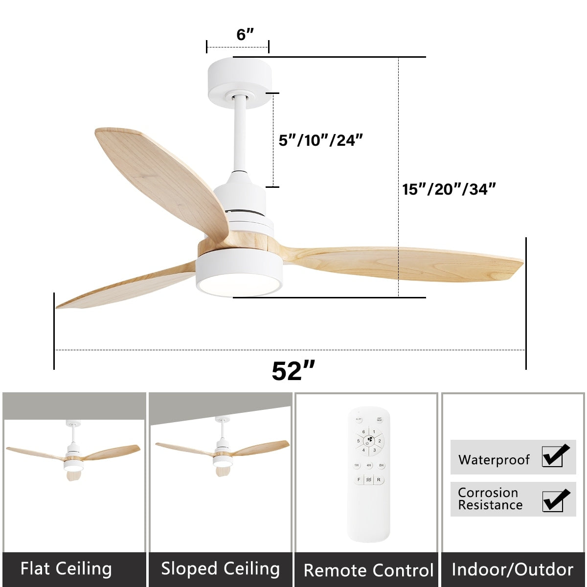 Ventilateur de plafond à LED intégré de 48 et 52 pouces avec éclairage et télécommande, moteur à courant continu réversible.