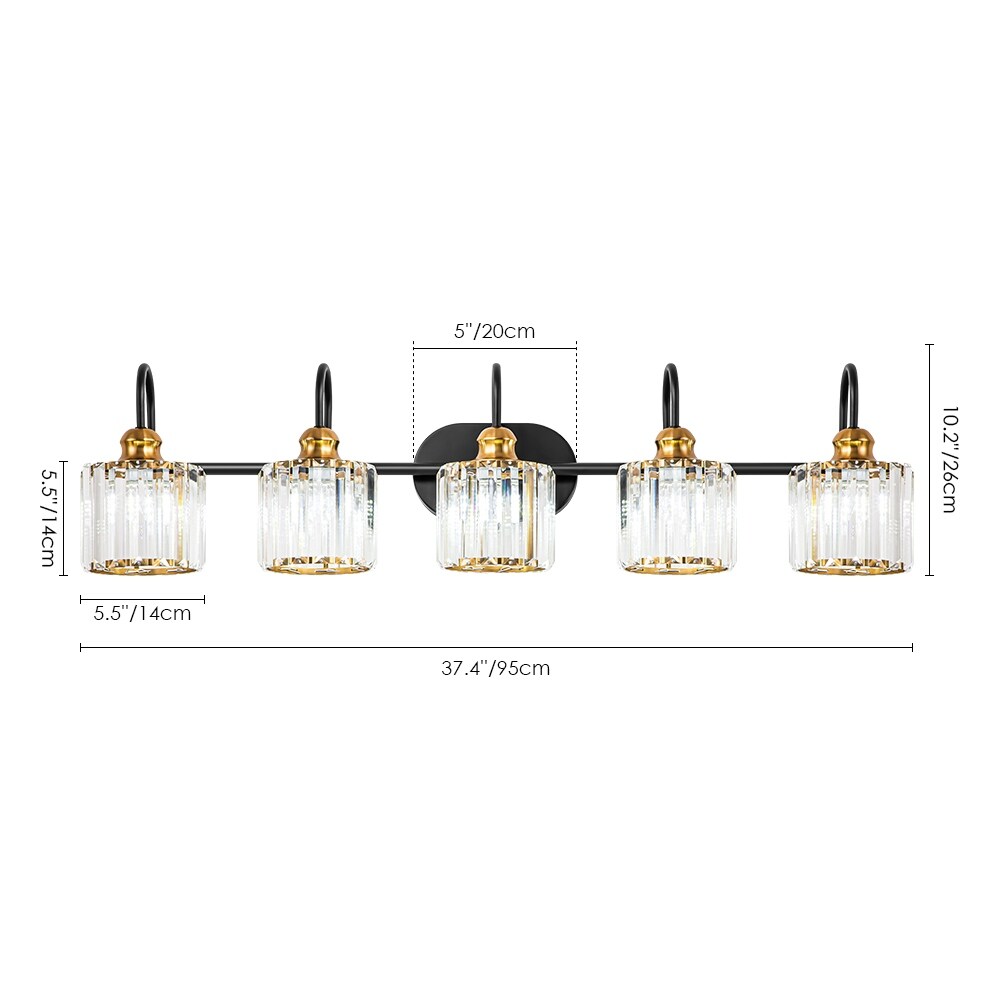 Éclairage de salle de bain linéaire à 5 lumières, style glamour, à intensité variable, avec abat-jour en cristal cylindrique.