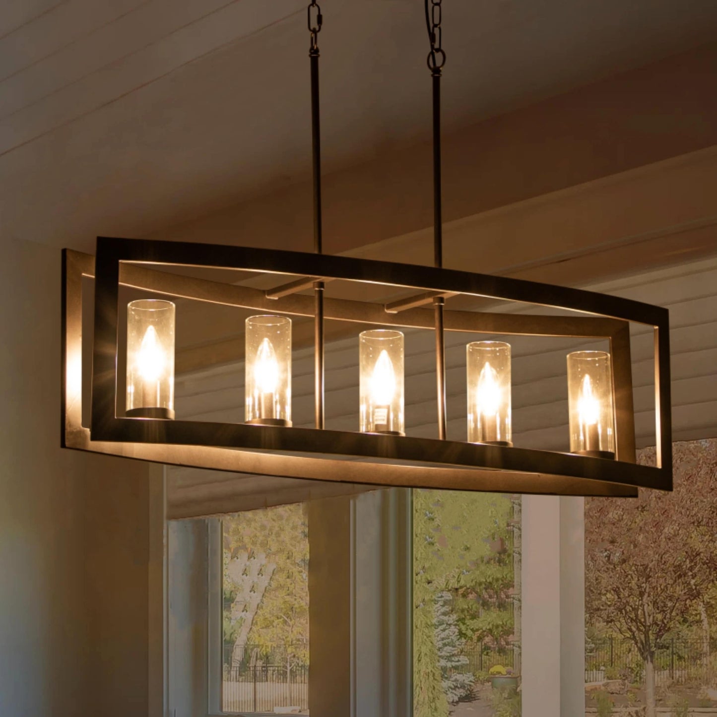 Suspension industrielle linéaire moderne à 5 lumières pour salle à manger, lustre cylindrique en verre transparent style farmhouse, éclairage pour îlot de cuisine