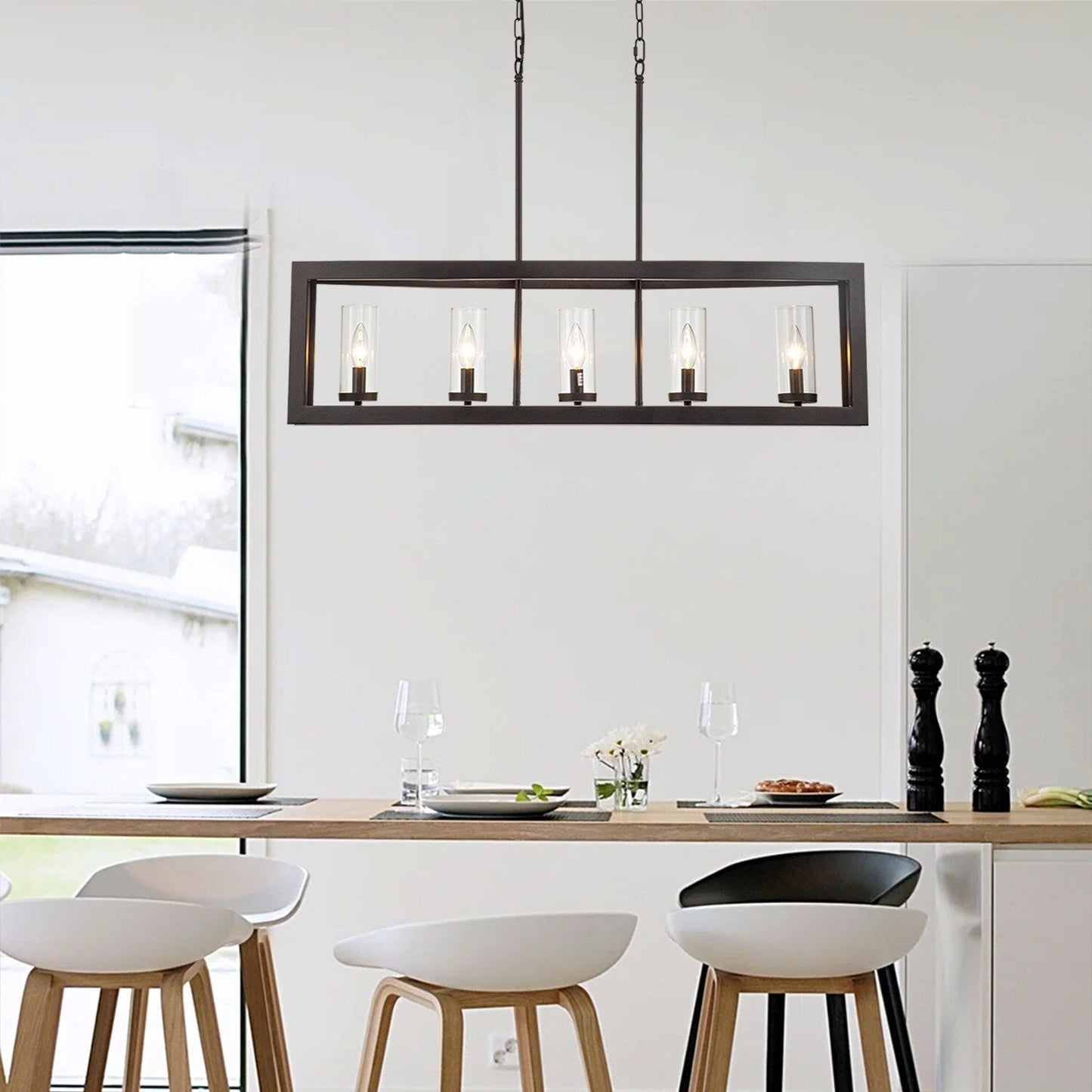 Suspension industrielle linéaire moderne à 5 lumières pour salle à manger, lustre cylindrique en verre transparent style farmhouse, éclairage pour îlot de cuisine