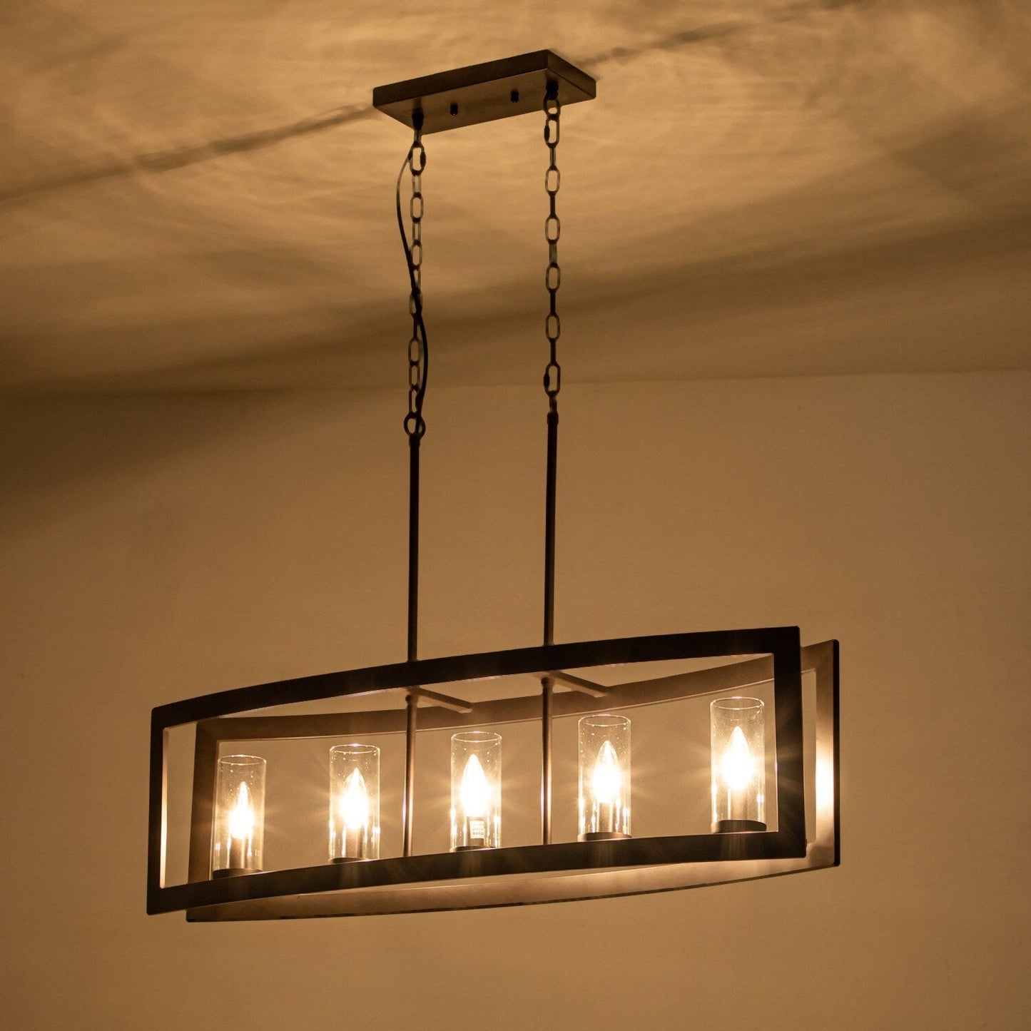Suspension industrielle linéaire moderne à 5 lumières pour salle à manger, lustre cylindrique en verre transparent style farmhouse, éclairage pour îlot de cuisine