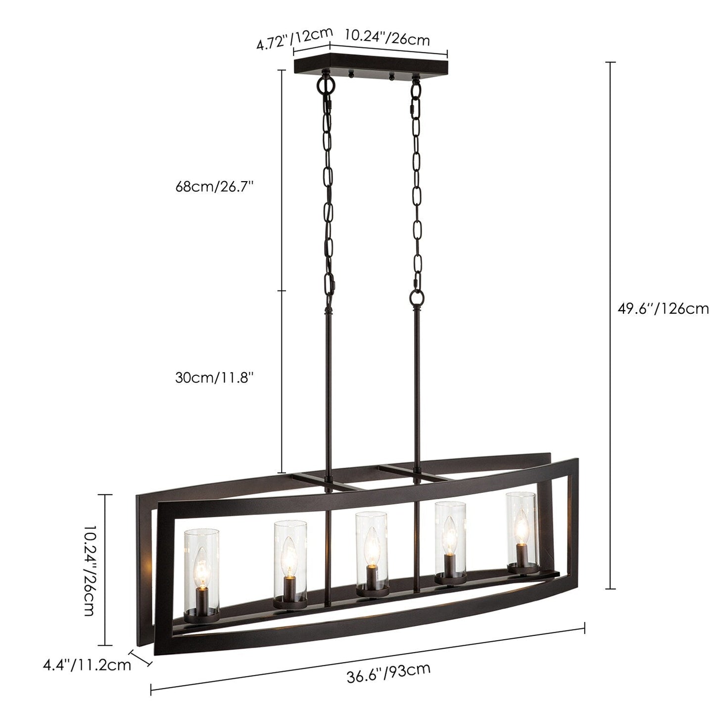 Suspension industrielle linéaire moderne à 5 lumières pour salle à manger, lustre cylindrique en verre transparent style farmhouse, éclairage pour îlot de cuisine