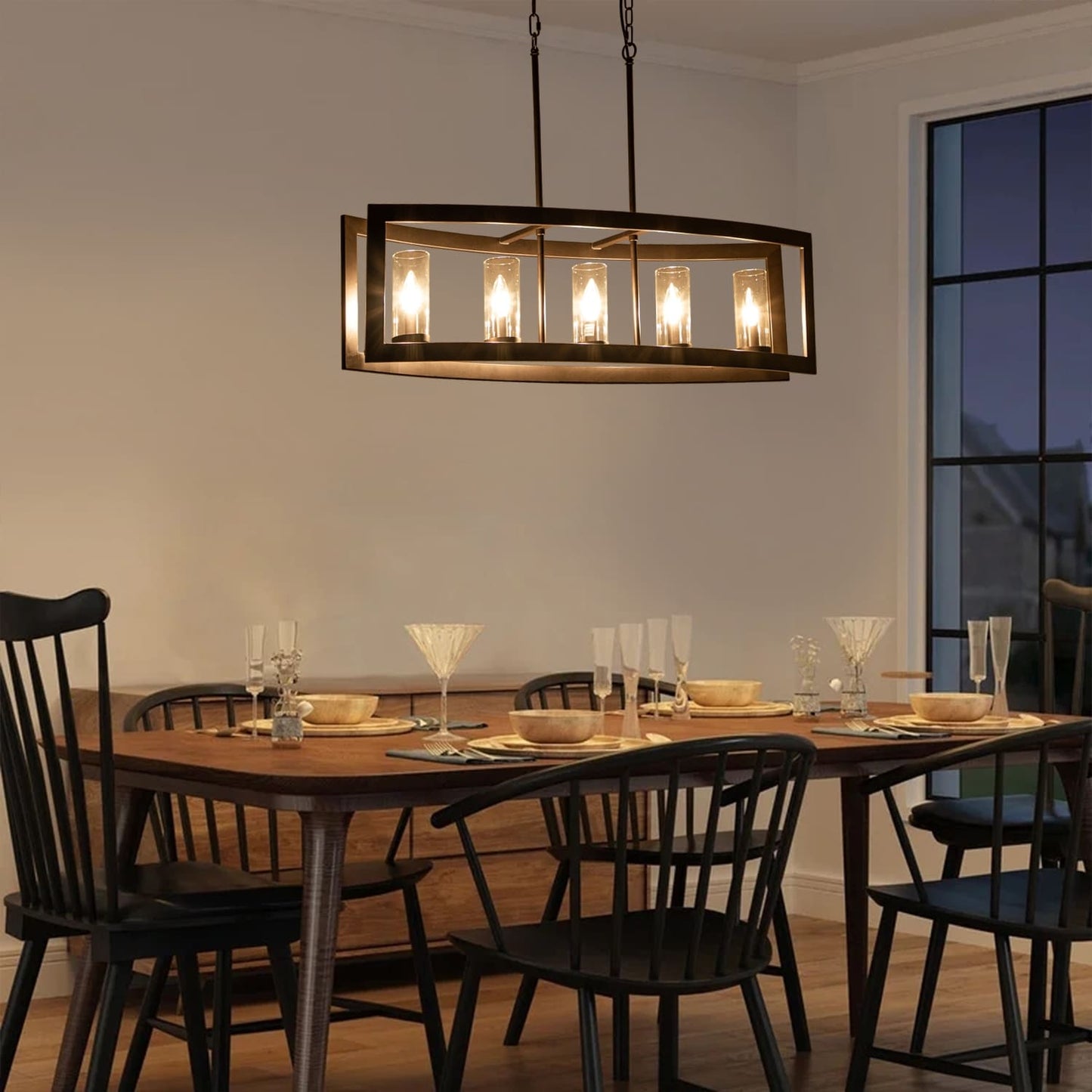Suspension industrielle linéaire moderne à 5 lumières pour salle à manger, lustre cylindrique en verre transparent style farmhouse, éclairage pour îlot de cuisine