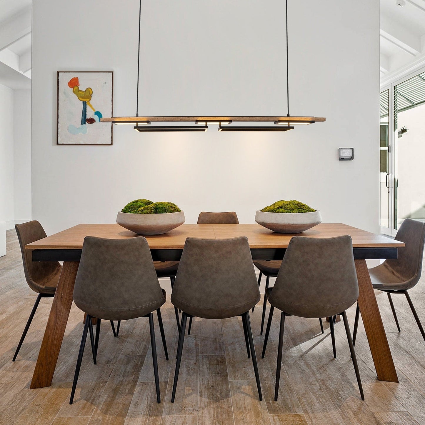 Suspension à LED intégrée en bois, linéaire, à 3 ou 5 lumières, pour îlot de cuisine.