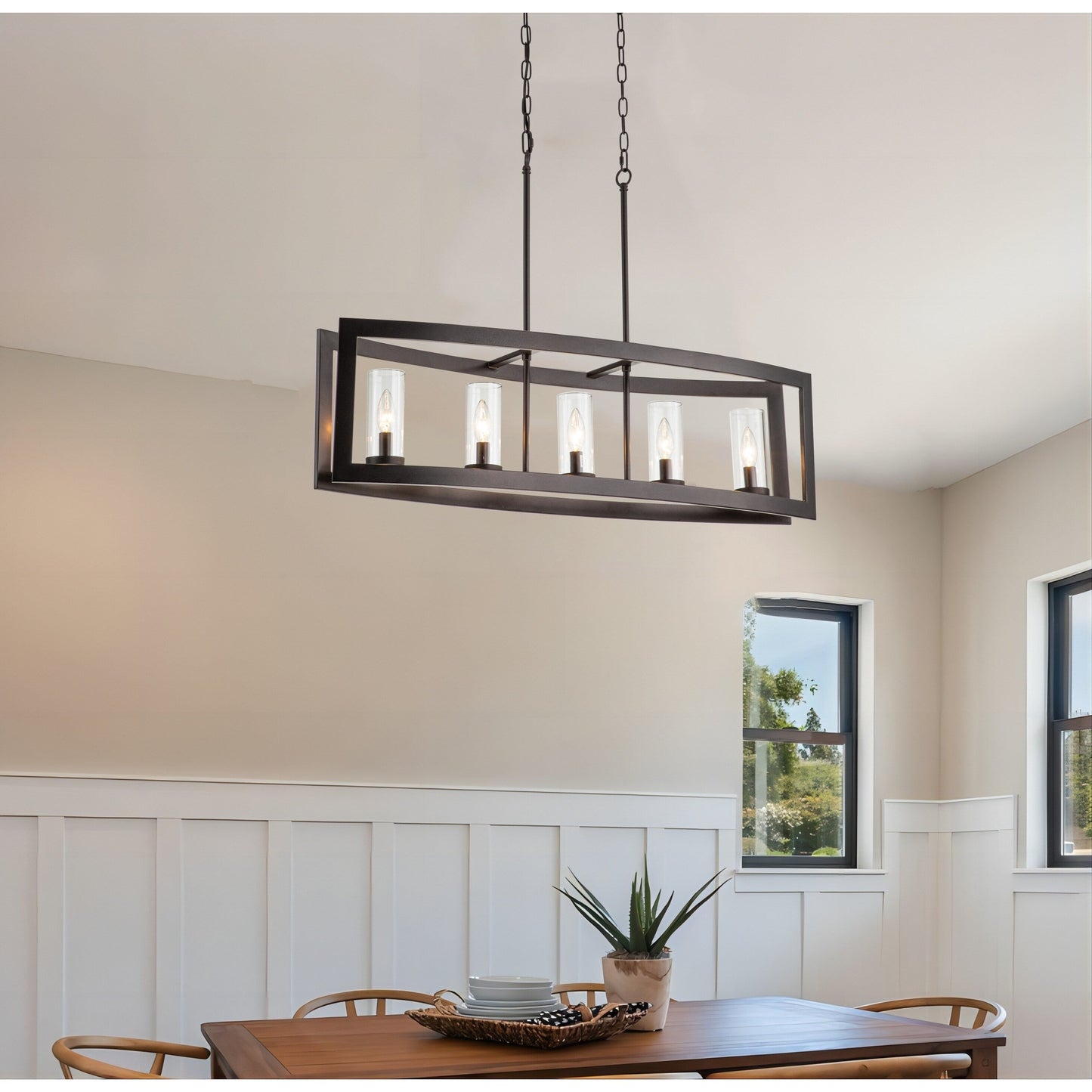 Suspension industrielle linéaire moderne à 5 lumières pour salle à manger, lustre cylindrique en verre transparent style farmhouse, éclairage pour îlot de cuisine