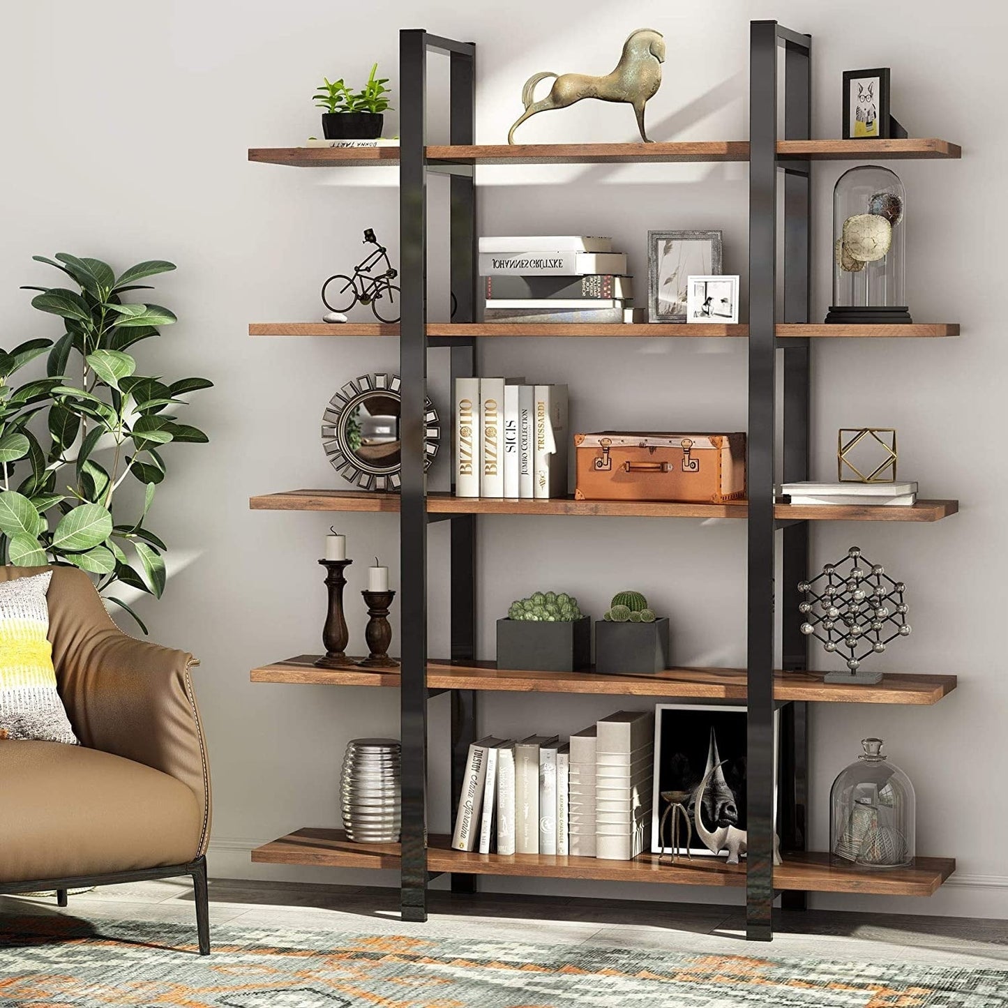 Étagère à livres 5 niveaux, bibliothèque de style industriel vintage