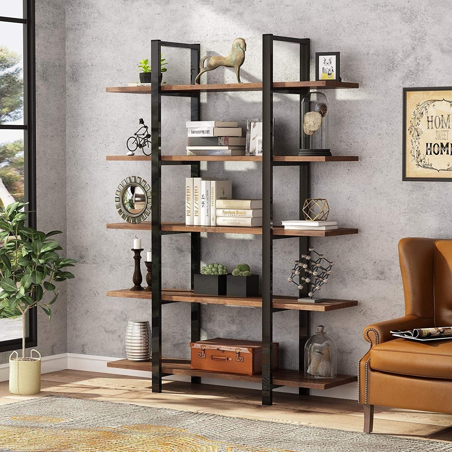Étagère à livres 5 niveaux, bibliothèque de style industriel vintage
