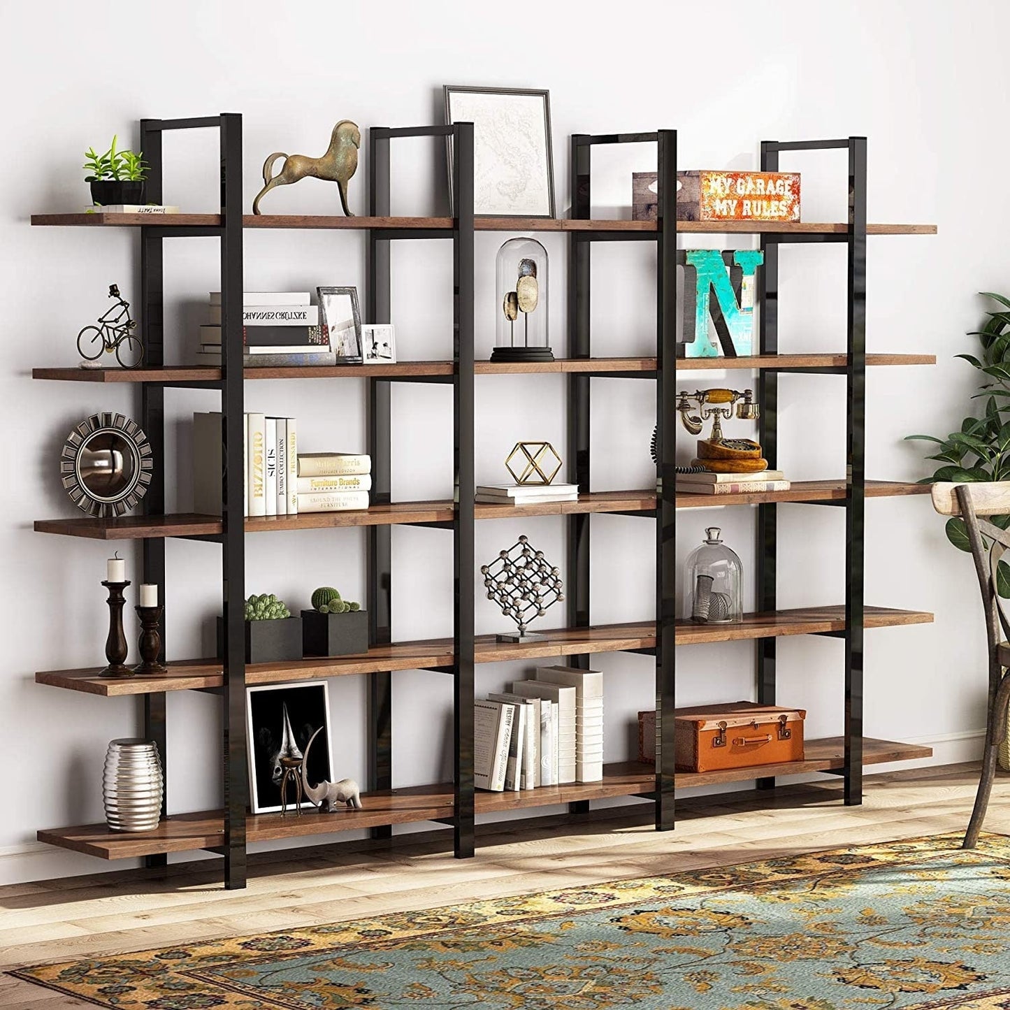Étagère à livres 5 niveaux, bibliothèque de style industriel vintage