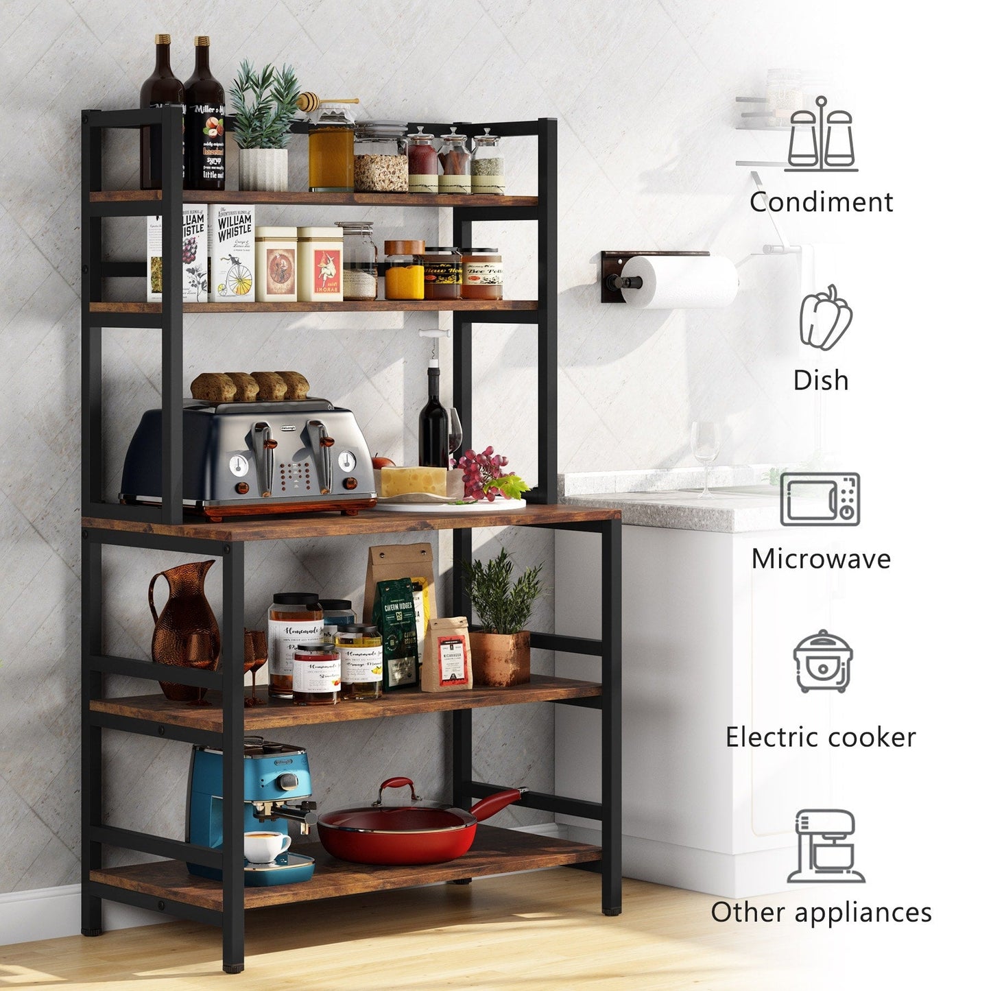 Étagère de rangement utilitaire à 5 niveaux pour cuisine, support pour four à micro-ondes, chariot à micro-ondes industriel avec meuble de rangement.