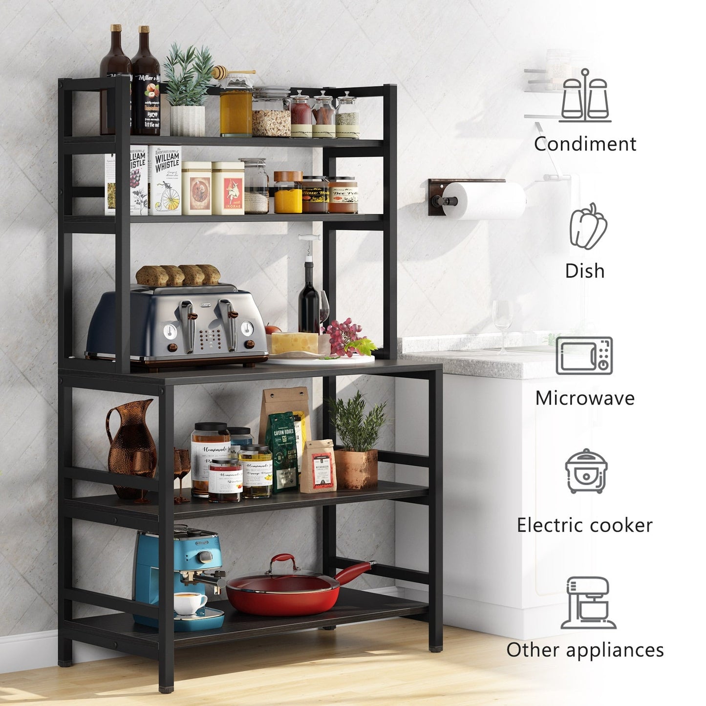 Étagère de rangement utilitaire à 5 niveaux pour cuisine, support pour four à micro-ondes, chariot à micro-ondes industriel avec meuble de rangement.