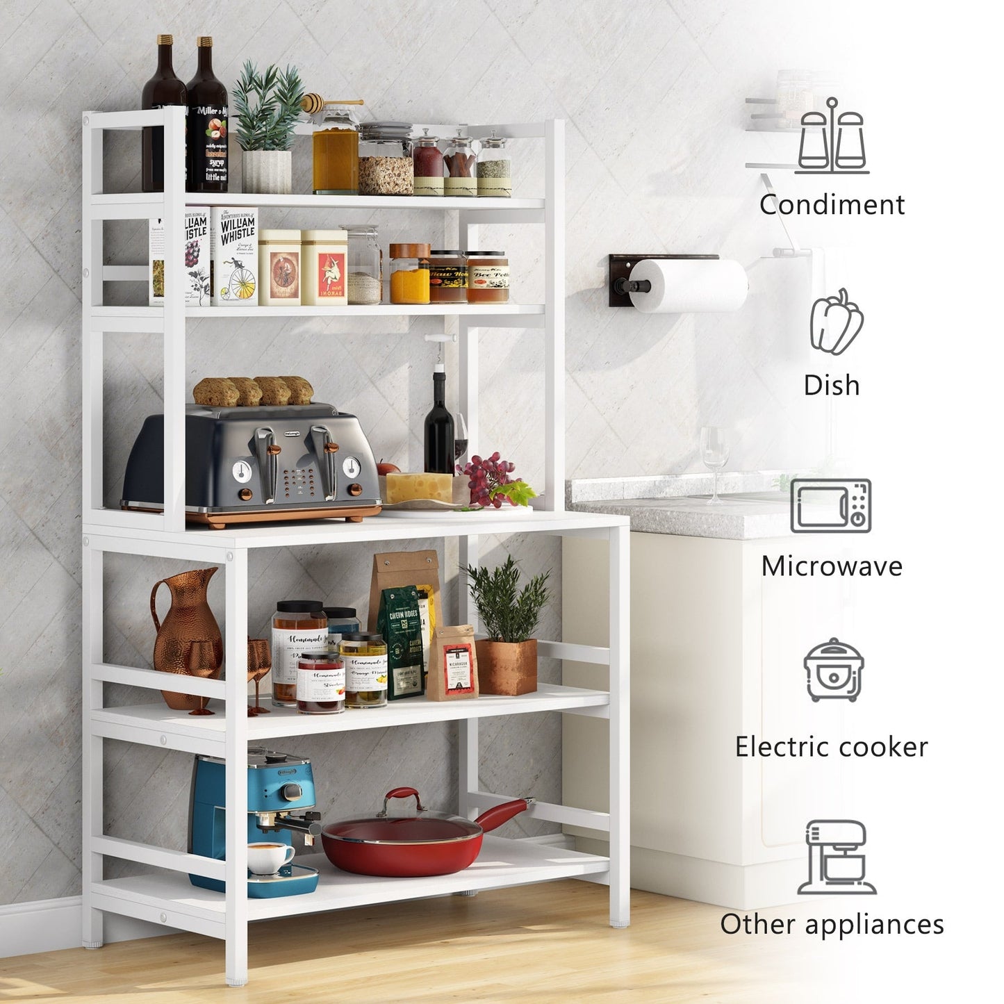 Étagère de rangement utilitaire à 5 niveaux pour cuisine, support pour four à micro-ondes, chariot à micro-ondes industriel avec meuble de rangement.