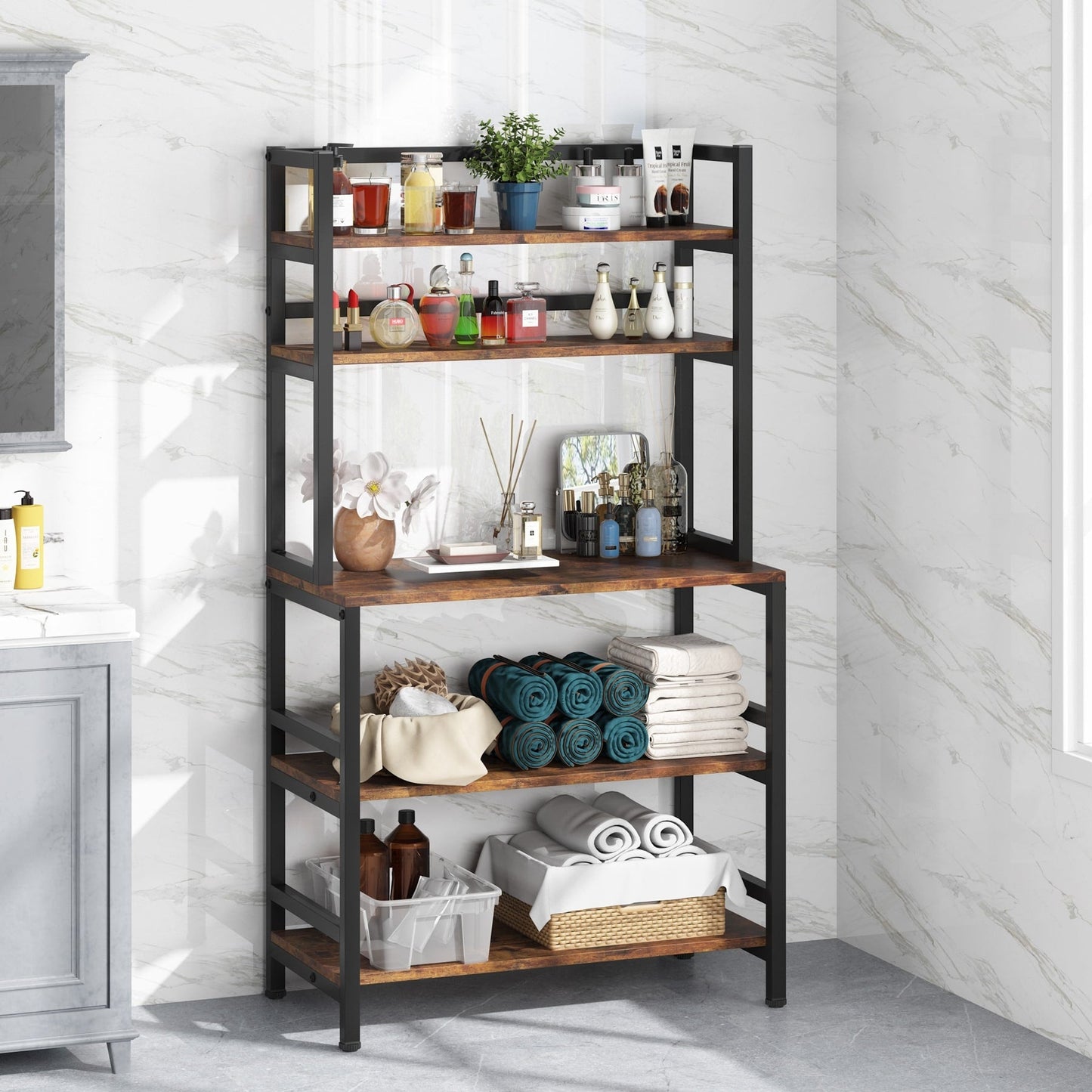 Étagère de rangement utilitaire à 5 niveaux pour cuisine, support pour four à micro-ondes, chariot à micro-ondes industriel avec meuble de rangement.