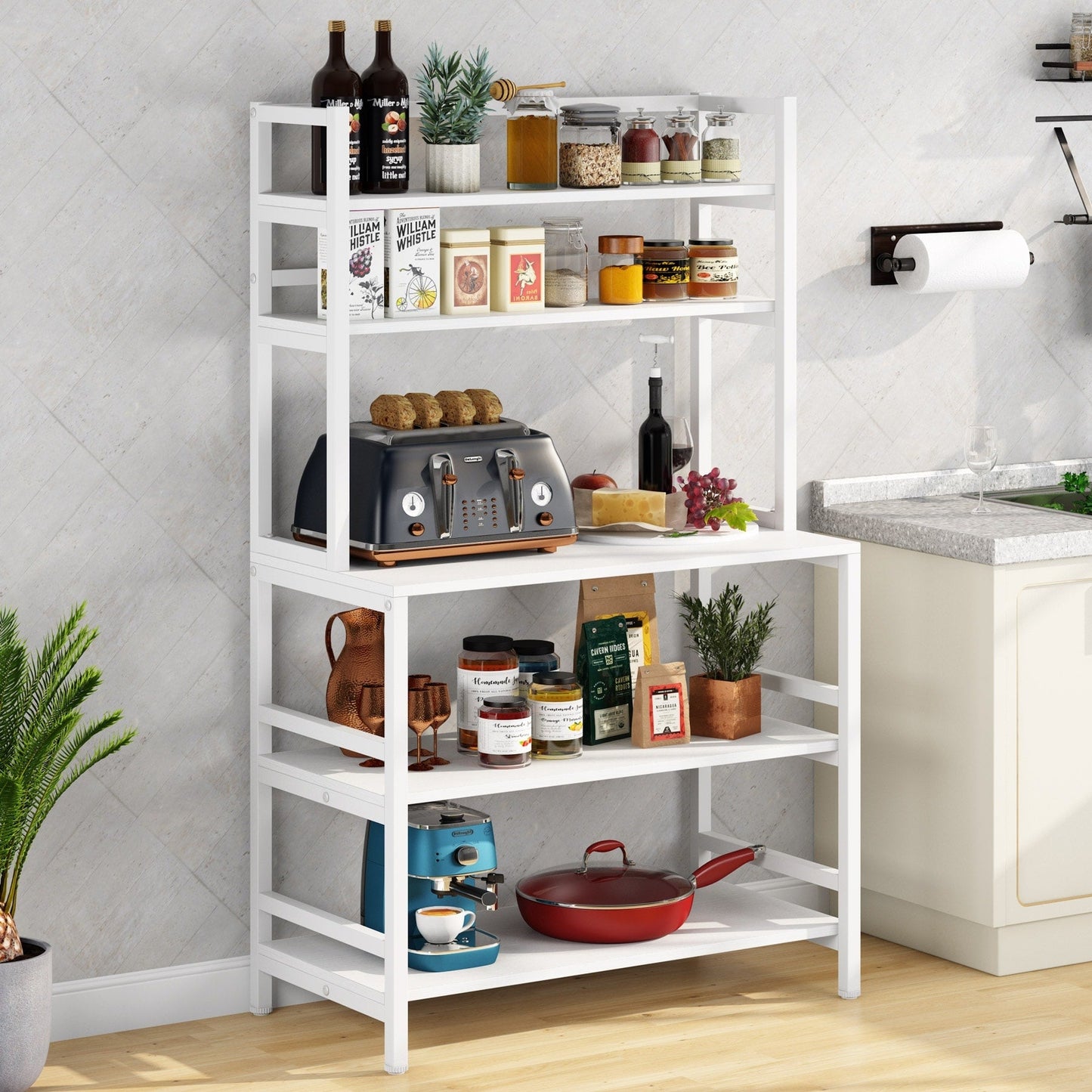 Étagère de rangement utilitaire à 5 niveaux pour cuisine, support pour four à micro-ondes, chariot à micro-ondes industriel avec meuble de rangement.