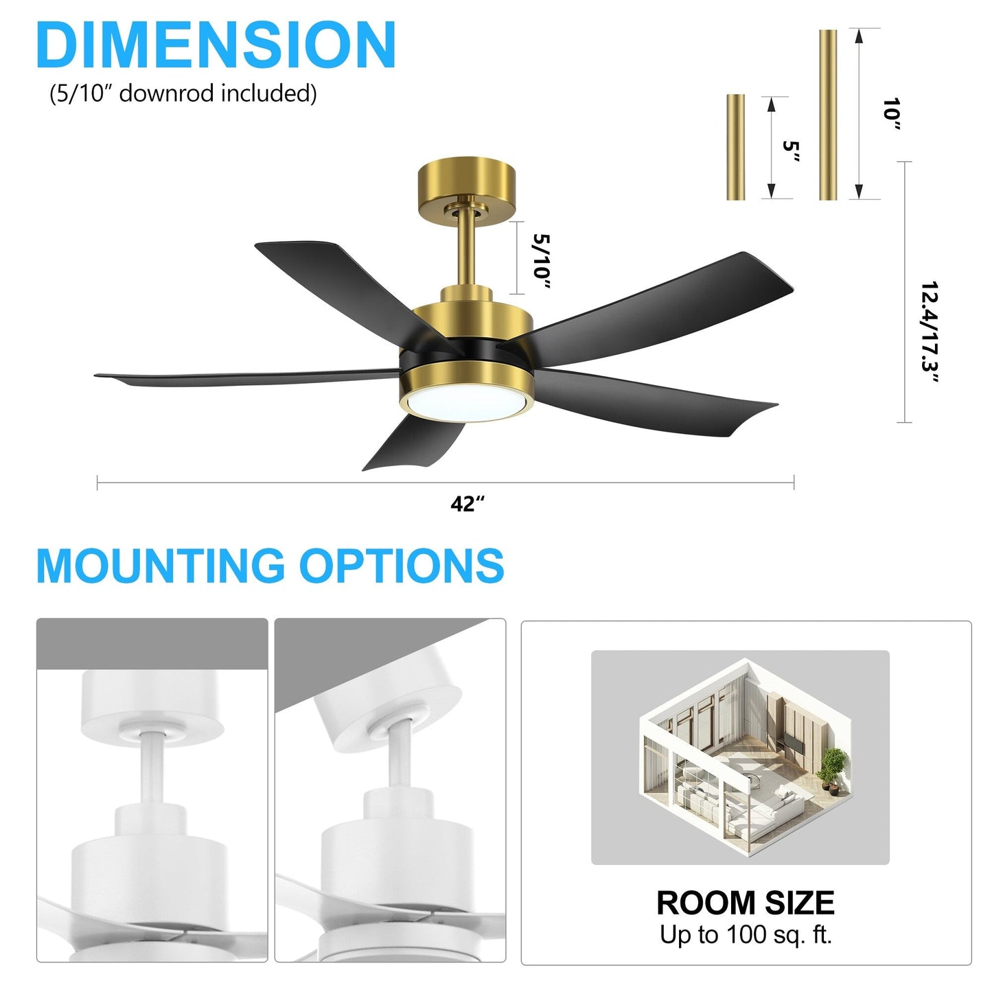 Ventilateur de plafond Breezary à 5 pales LED 65/52/42 avec kit d'éclairage et télécommande