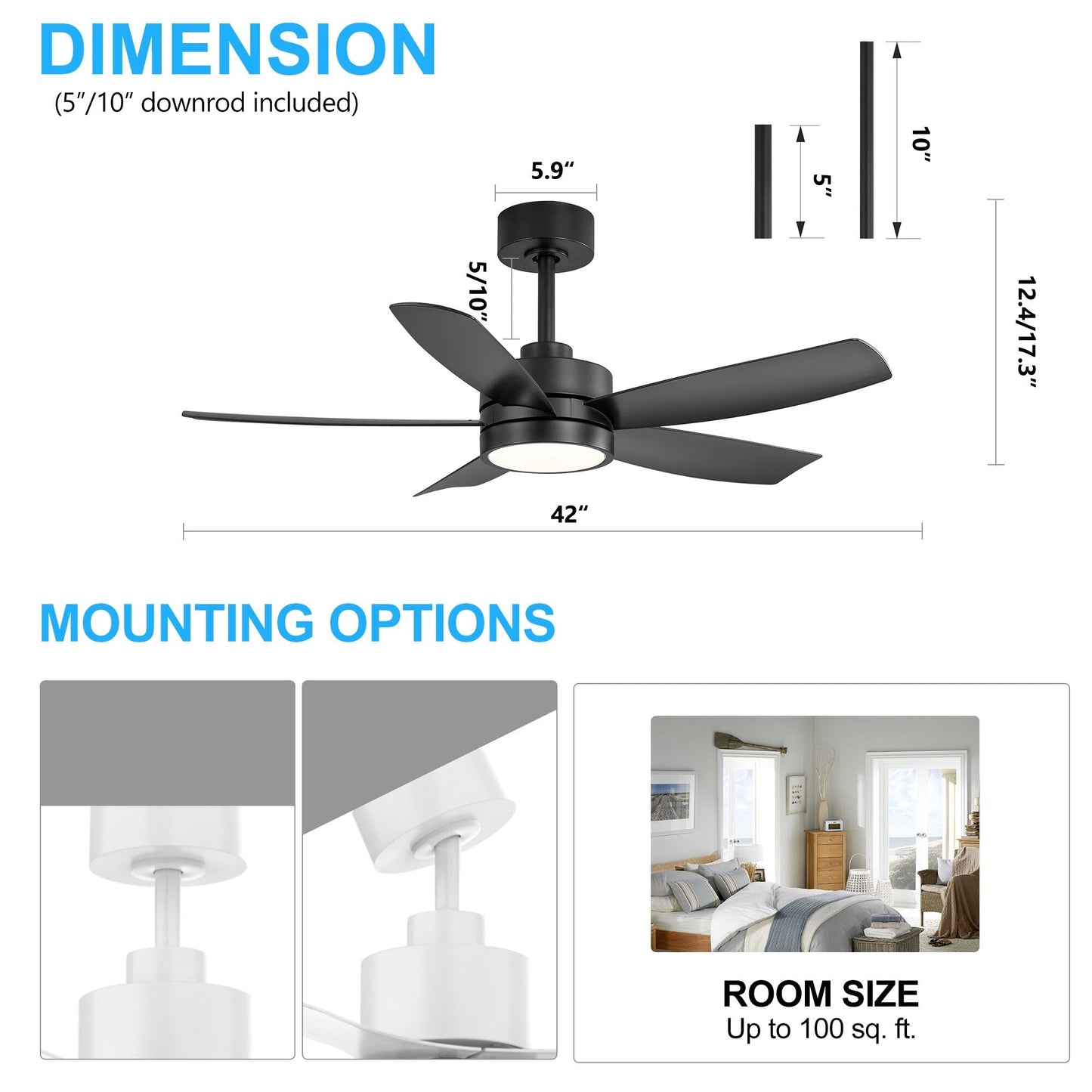 Ventilateur de plafond Breezary à 5 pales LED 65/52/42 avec kit d'éclairage et télécommande