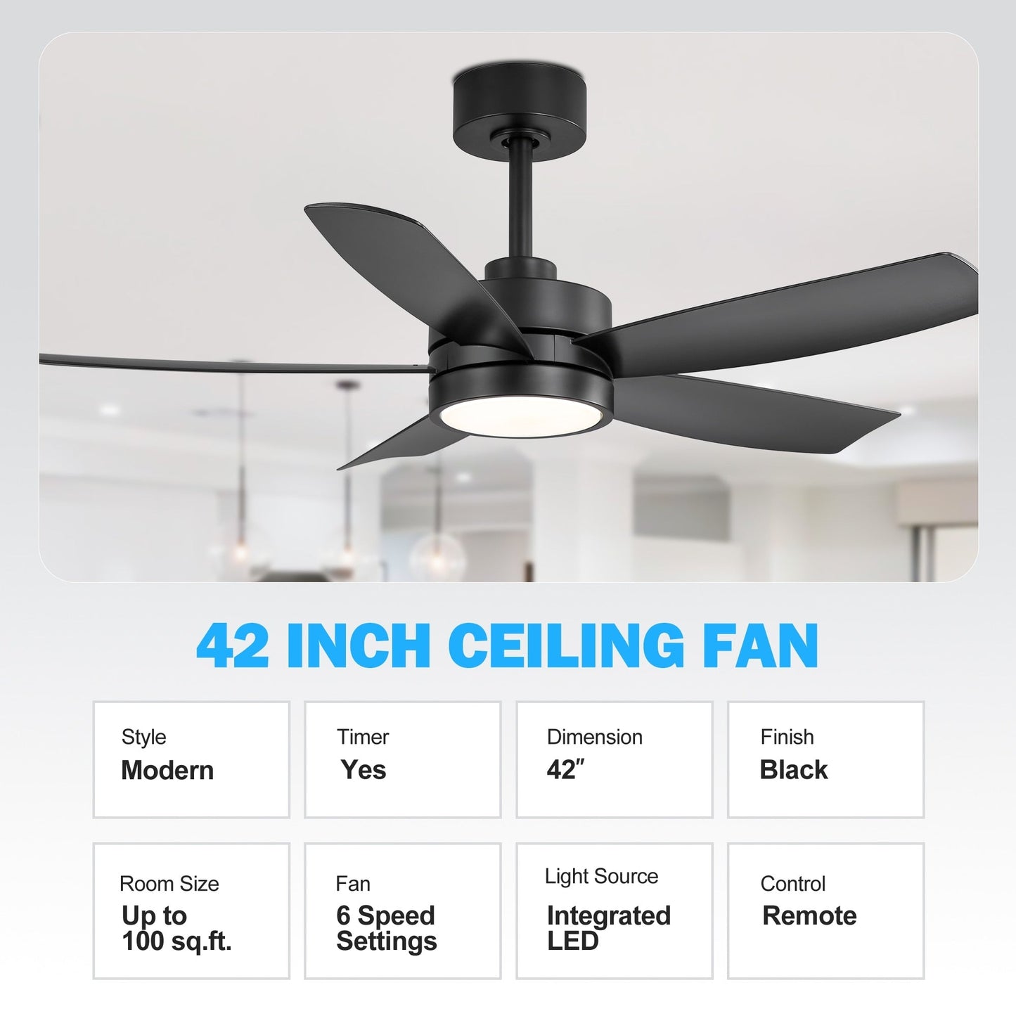 Ventilateur de plafond Breezary à 5 pales LED 65/52/42 avec kit d'éclairage et télécommande