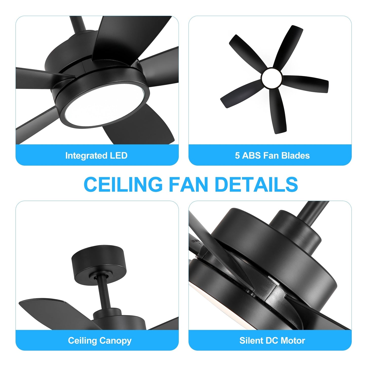 Ventilateur de plafond Breezary à 5 pales LED 65/52/42 avec kit d'éclairage et télécommande