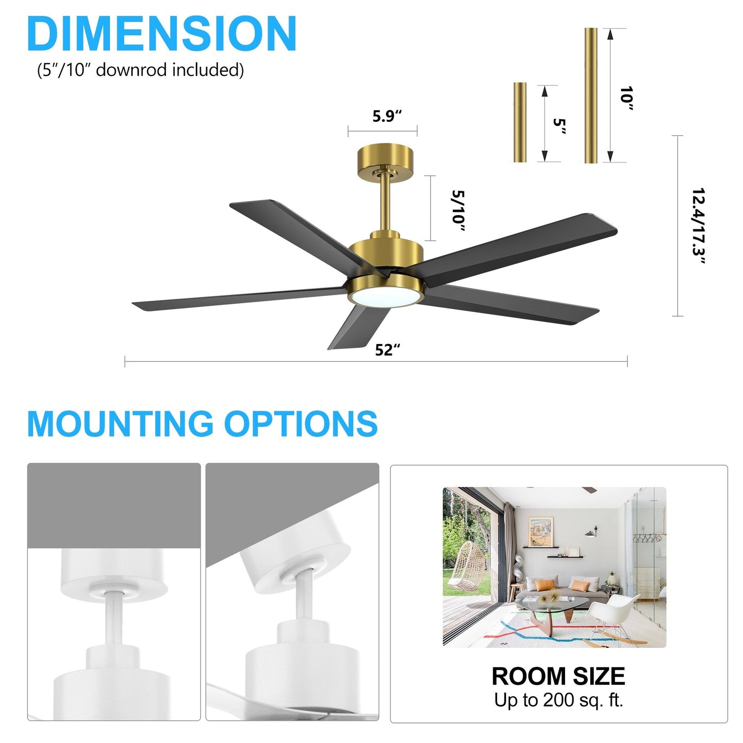 Ventilateur de plafond Breezary à 5 pales LED 65/52/42 avec kit d'éclairage et télécommande