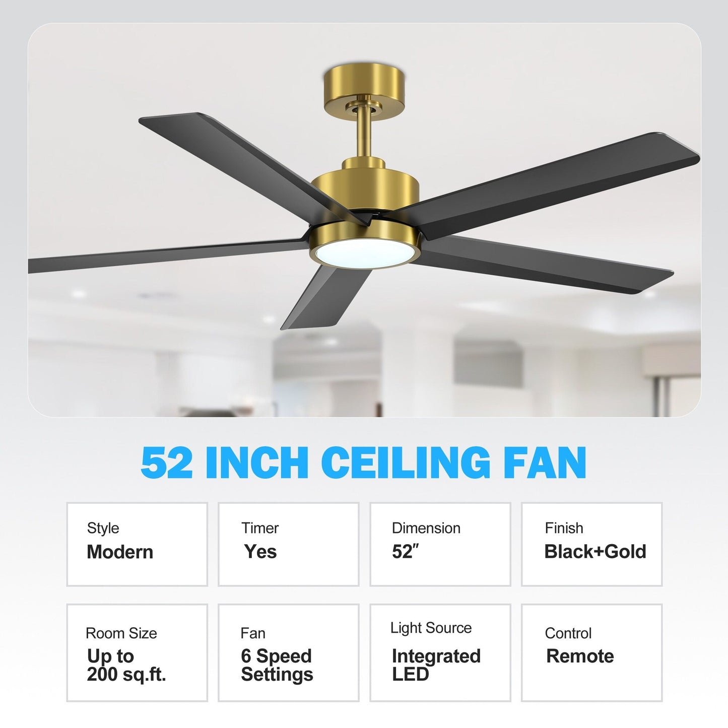 Ventilateur de plafond Breezary à 5 pales LED 65/52/42 avec kit d'éclairage et télécommande